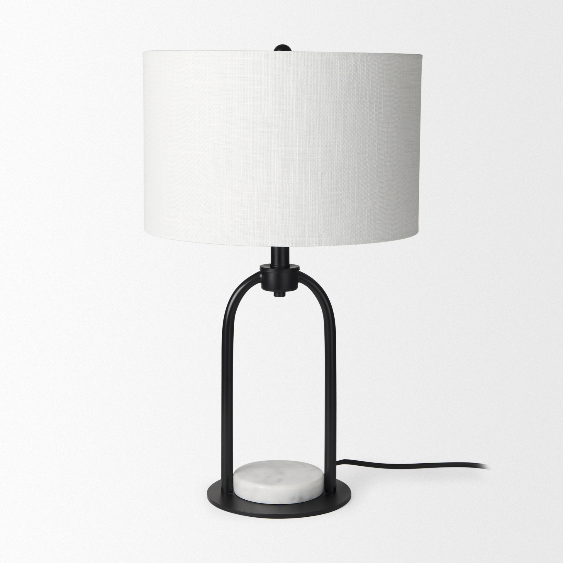 sarah 15.0l x 10.0w x 22.2h arched black metal w/marble cube and white shade table lamp