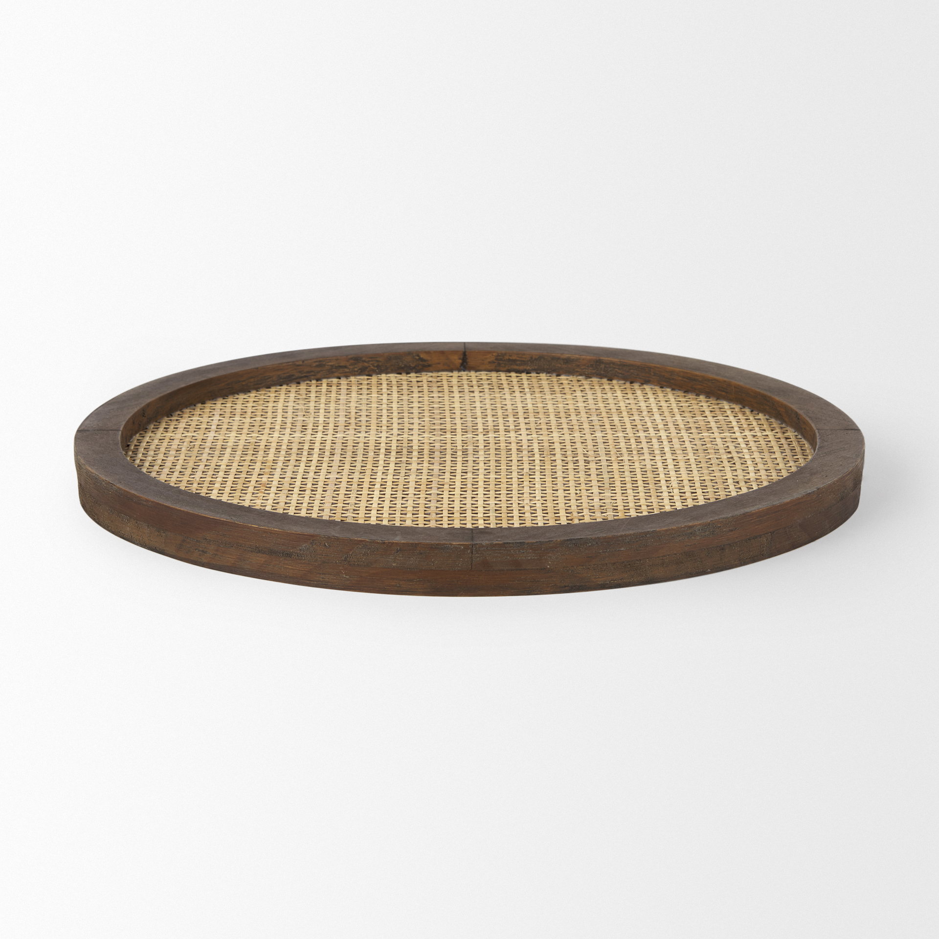 Silas Cane and Medium Brown Wood Round Tray
