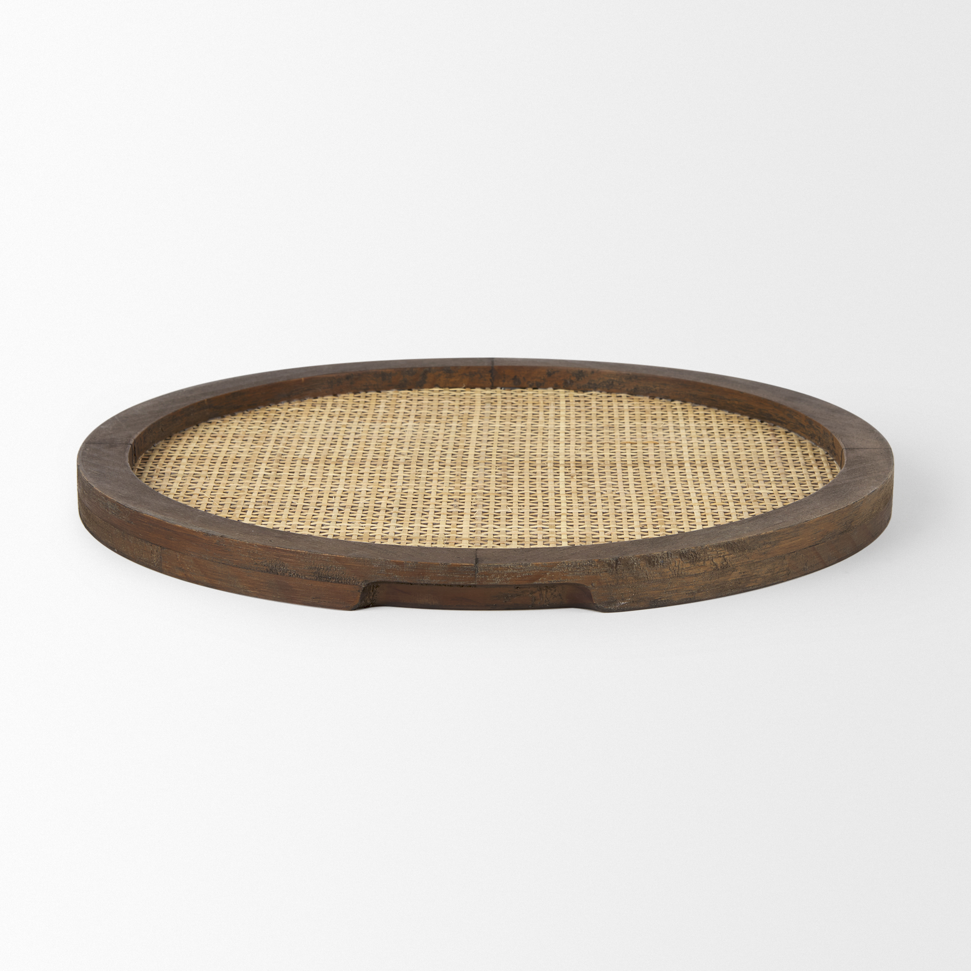 Silas Cane and Medium Brown Wood Round Tray