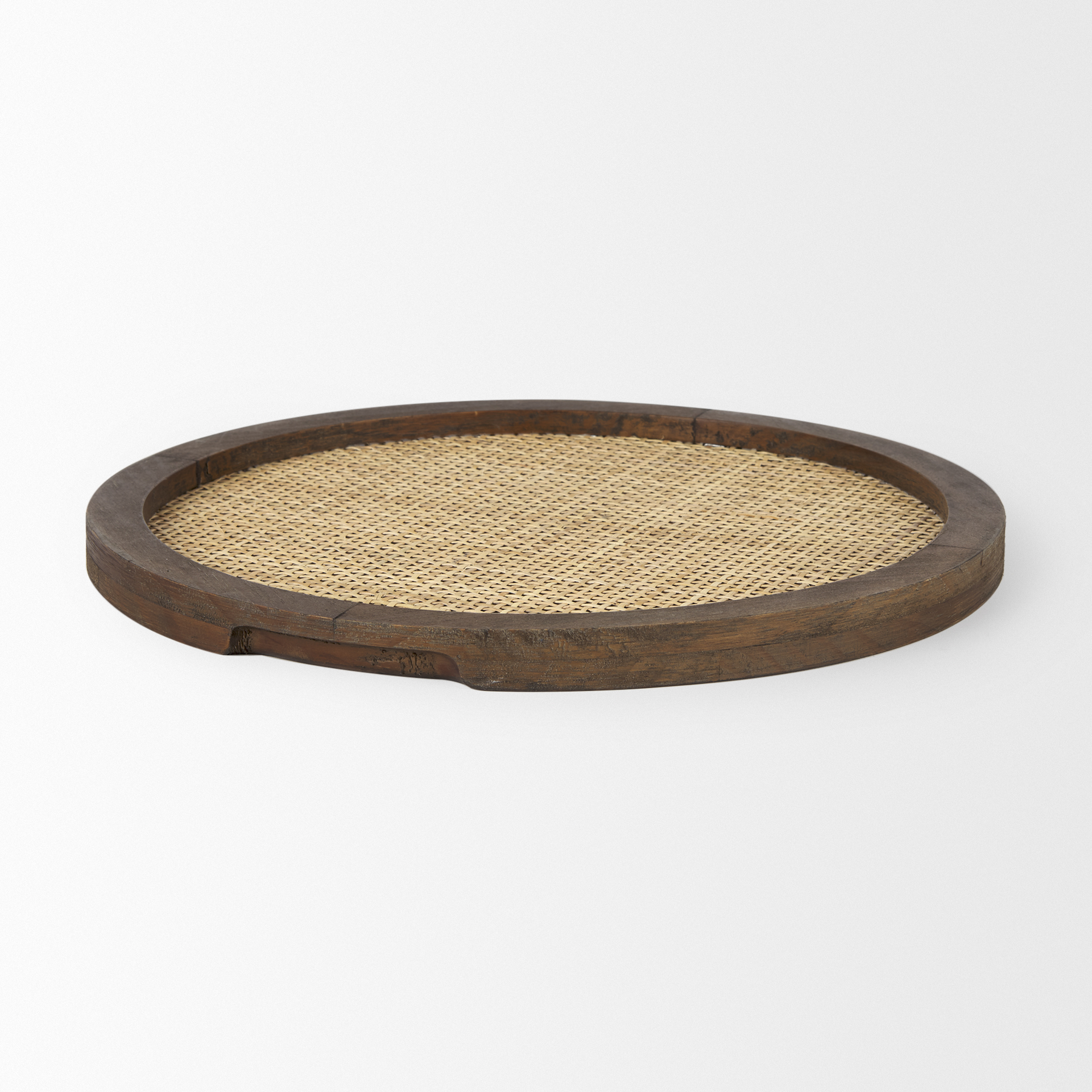 Silas Cane and Medium Brown Wood Round Tray