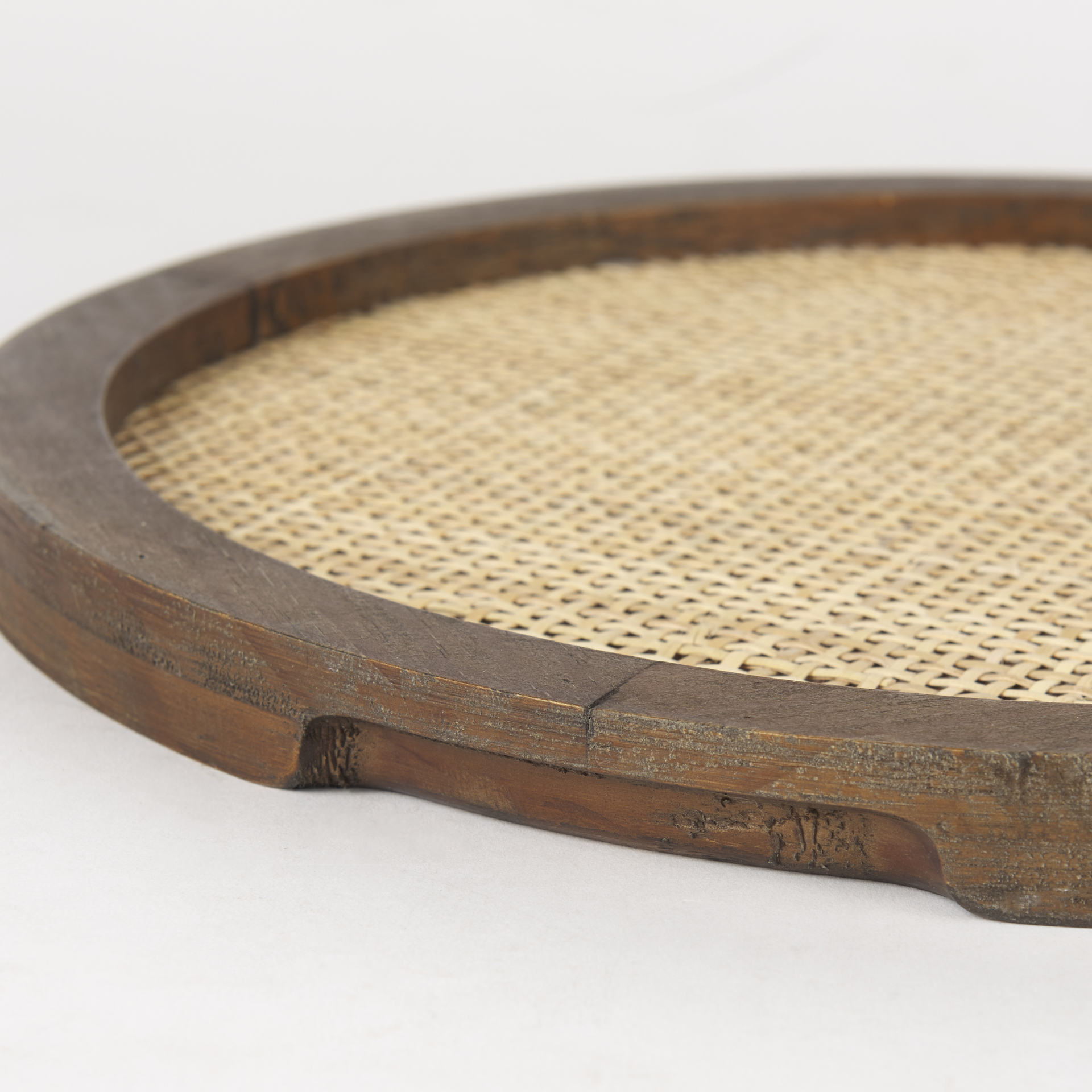 Silas Cane and Medium Brown Wood Round Tray