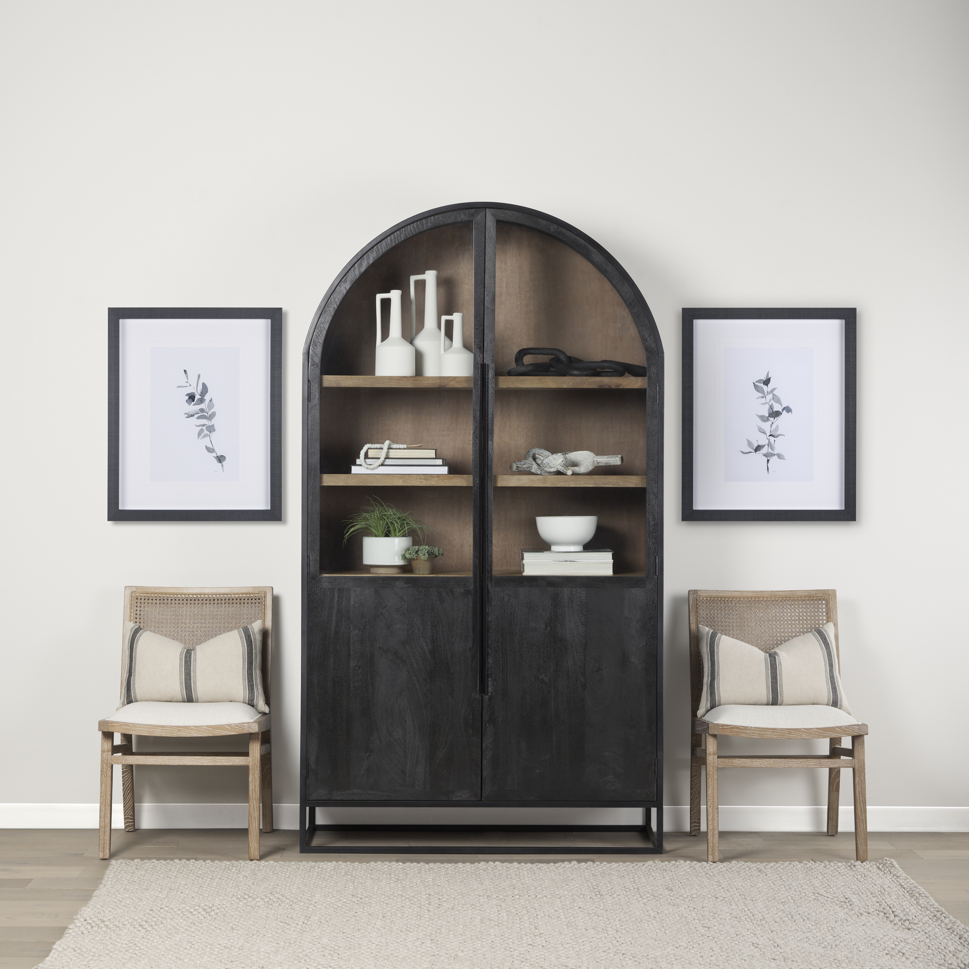 sloan 85.5h black wood w/black metal frame arch cabinet