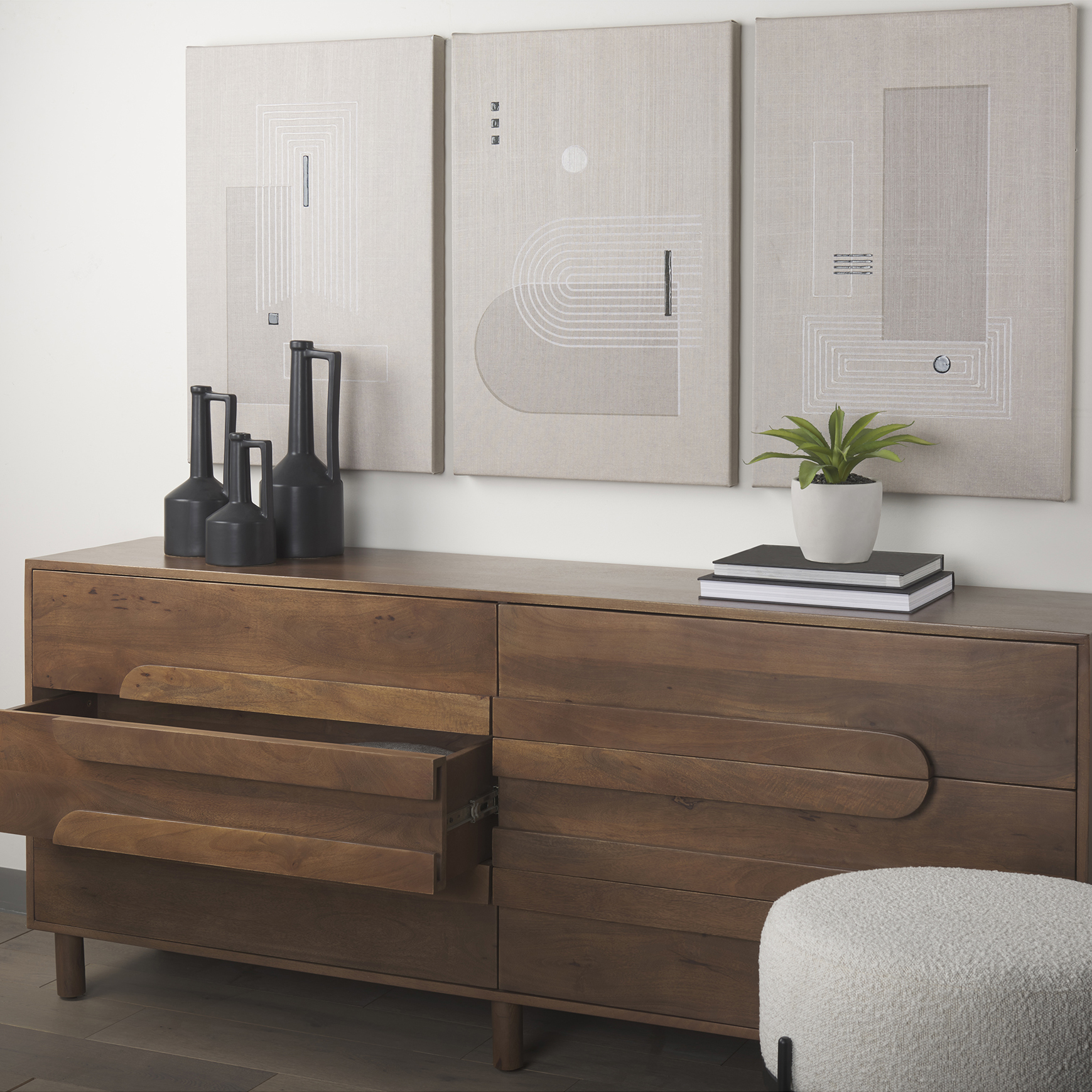astrid 71l x 17w x 30.3h medium brown solid wood 6 drawer sideboard