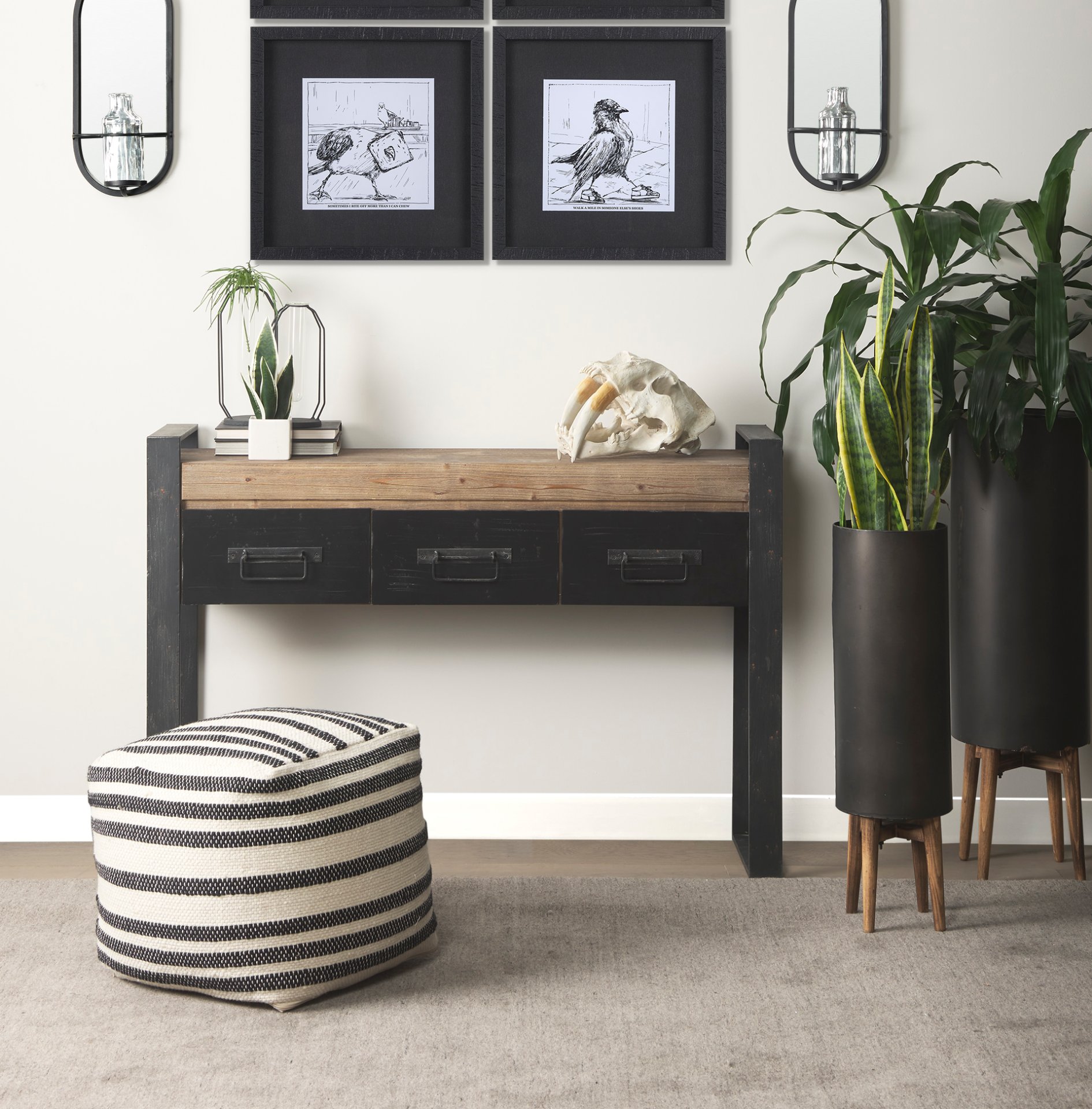 carga 48l x 12w black metal frame brown wooden top console table w/storage