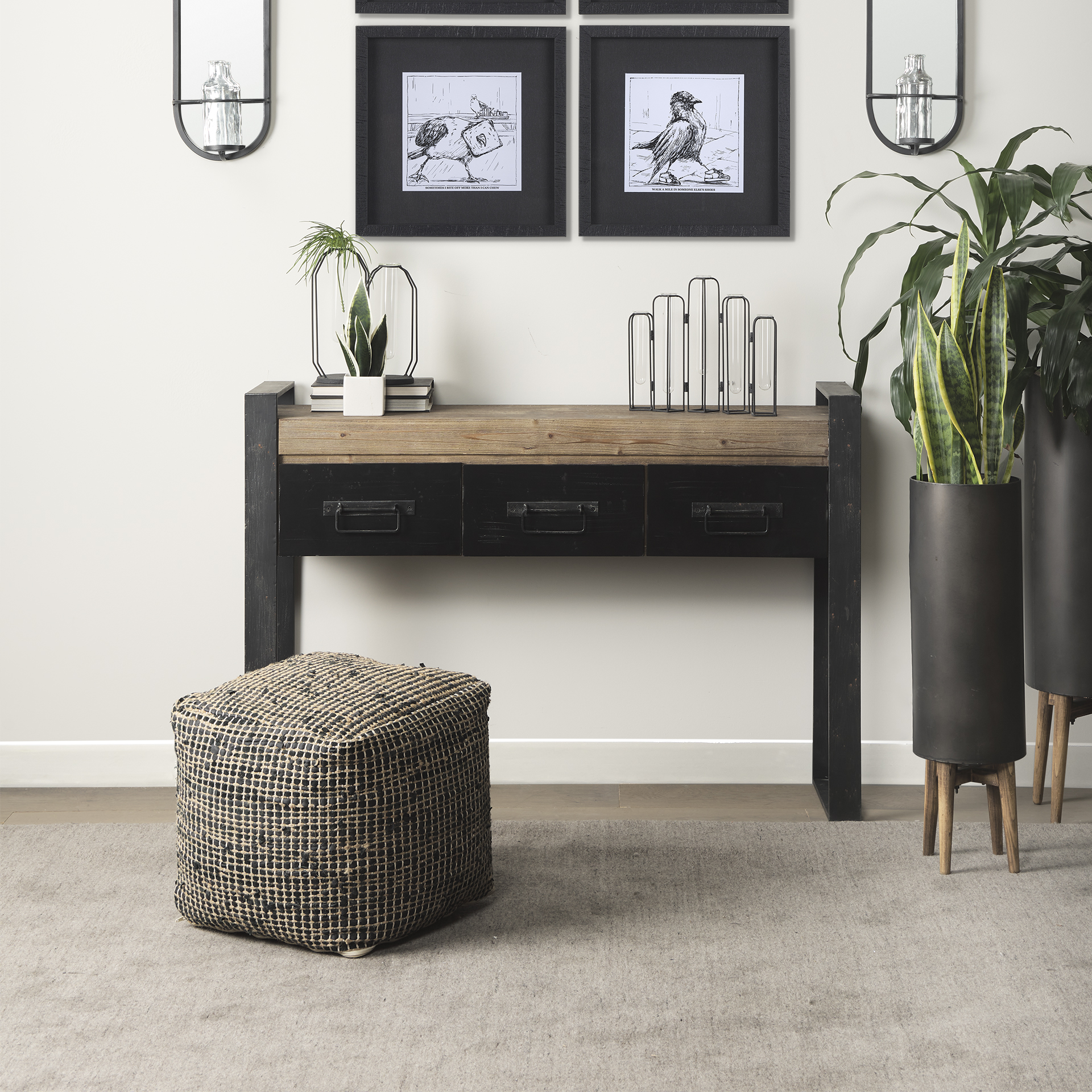 aalia 16.0l x 16.0w x 16.0h charcoal leather and jute pouf