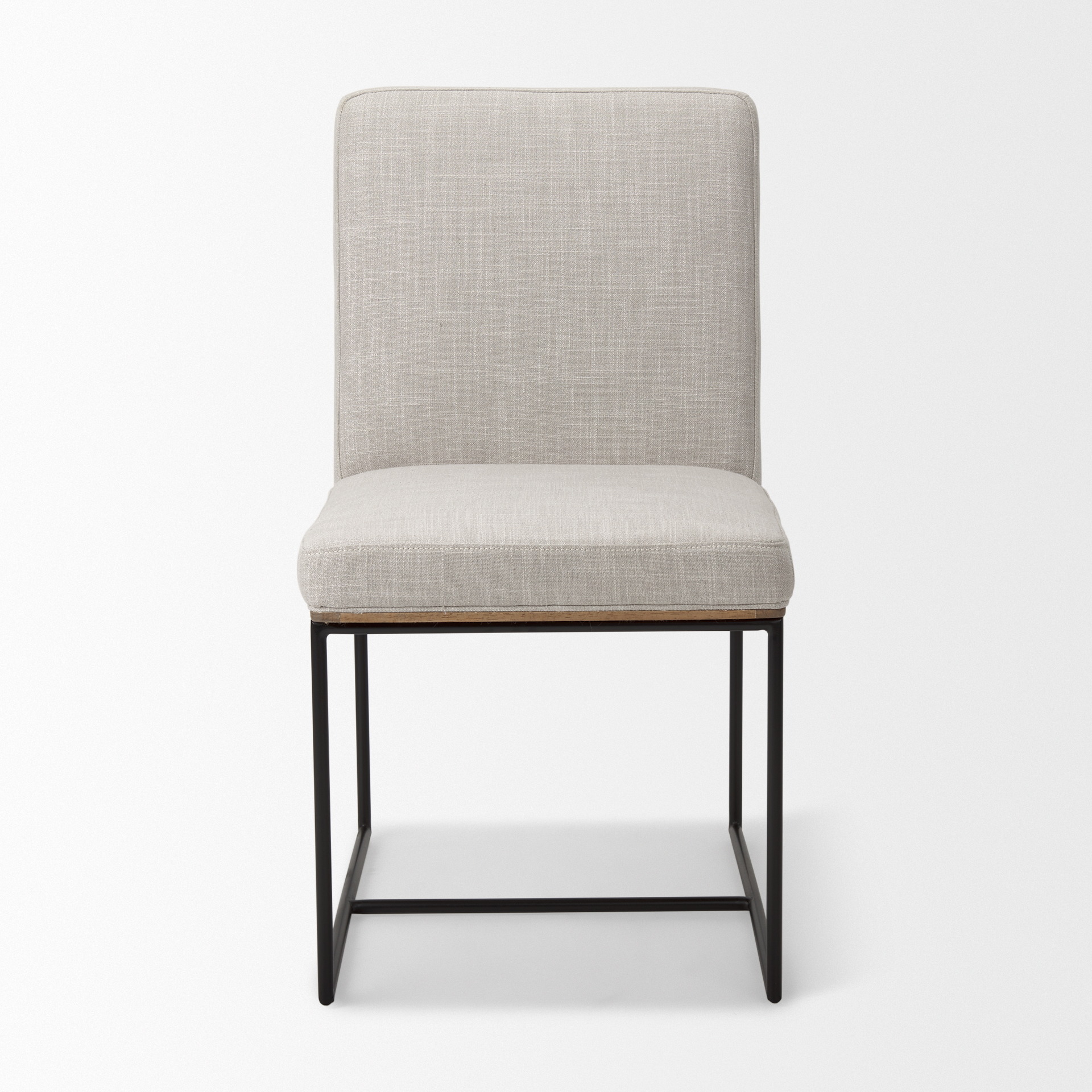 stamford beige upholstered seat w/ wood back, black metal frame dining chair