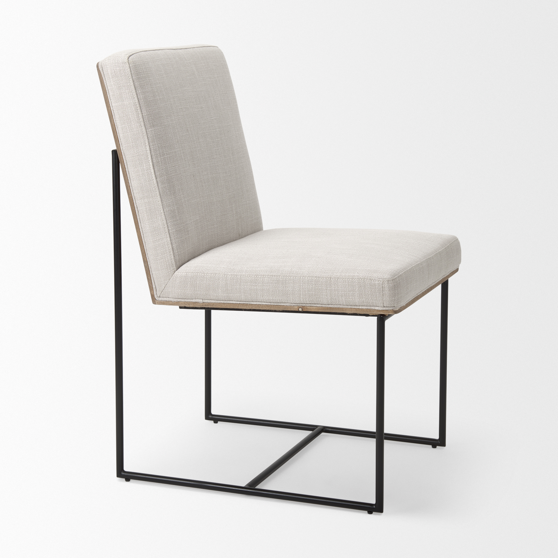 stamford beige upholstered seat w/ wood back, black metal frame dining chair
