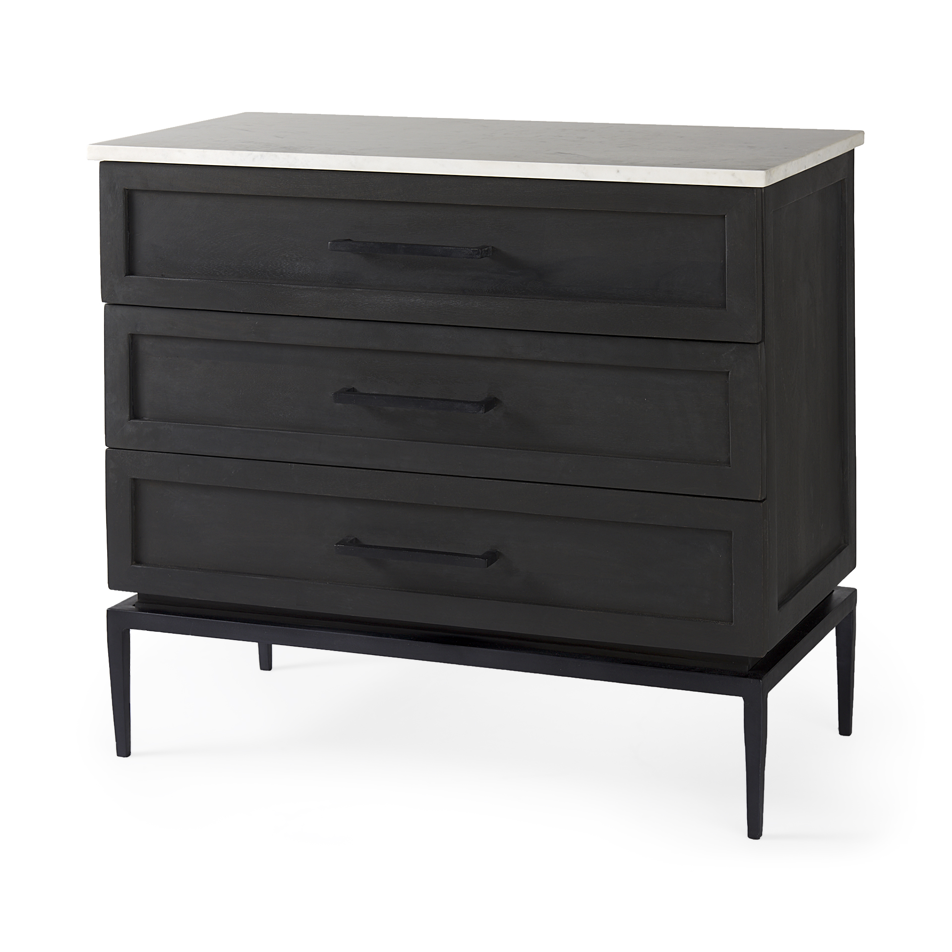 divina black-brown wood w/ white marble top and black metal base accent cabinet