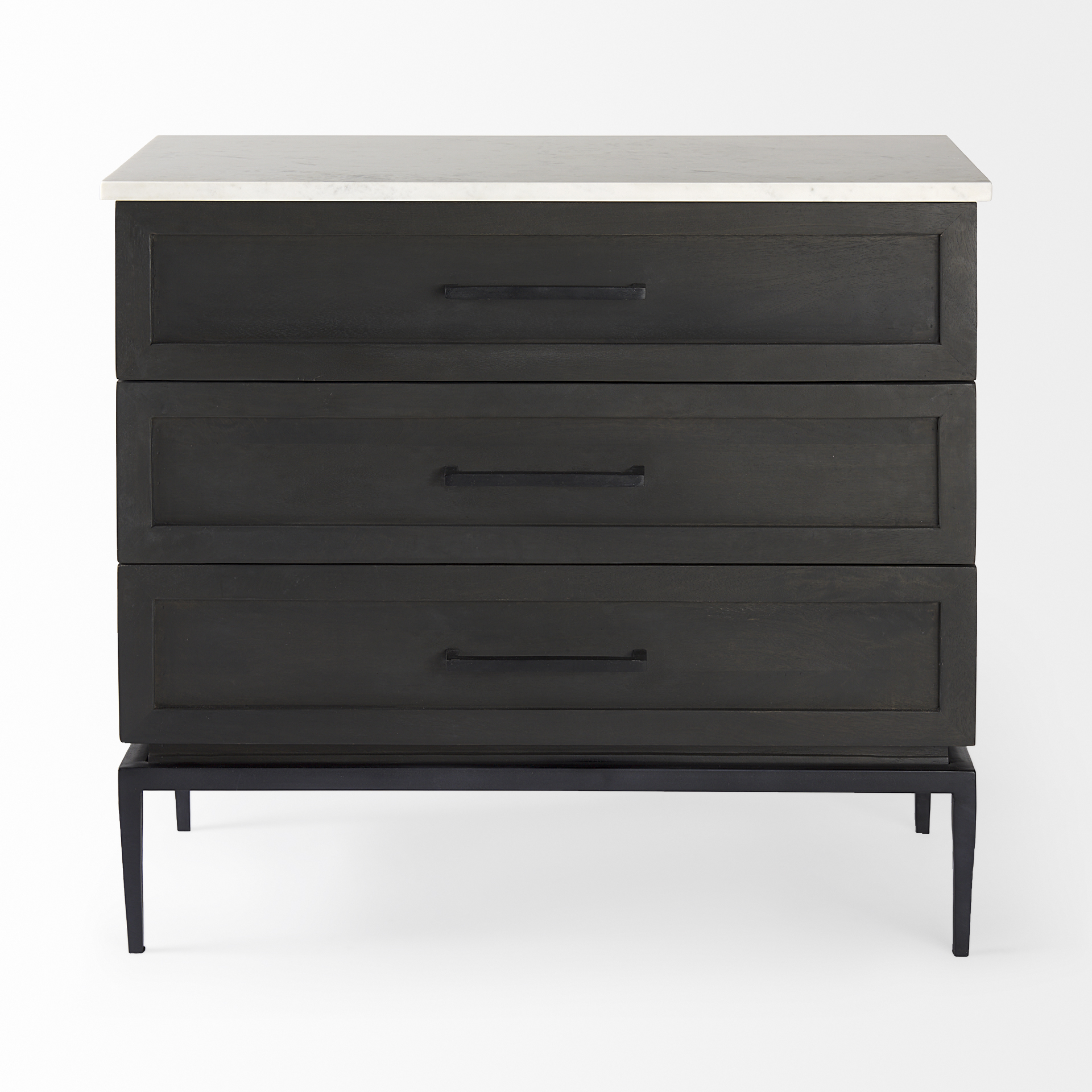 divina black-brown wood w/ white marble top and black metal base accent cabinet
