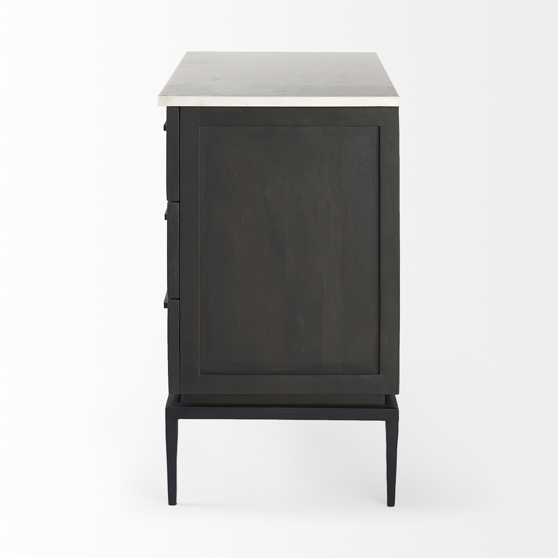 divina black-brown wood w/ white marble top and black metal base accent cabinet