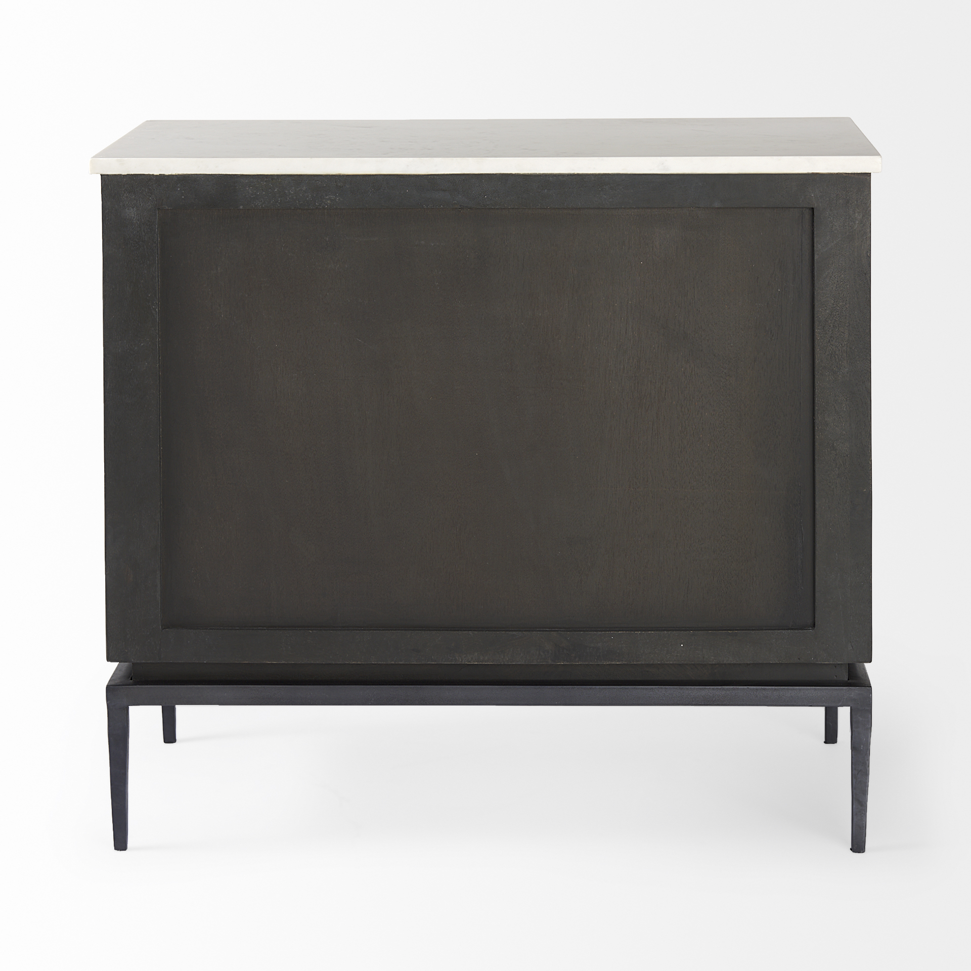 divina black-brown wood w/ white marble top and black metal base accent cabinet