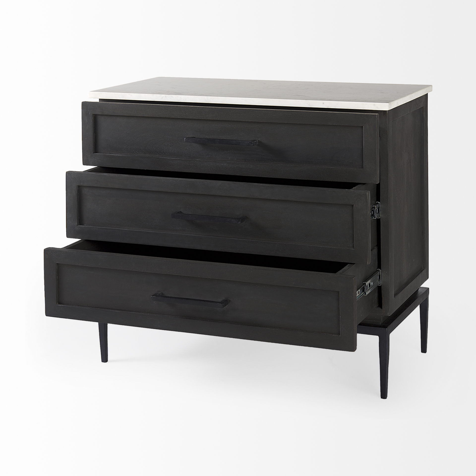 divina black-brown wood w/ white marble top and black metal base accent cabinet