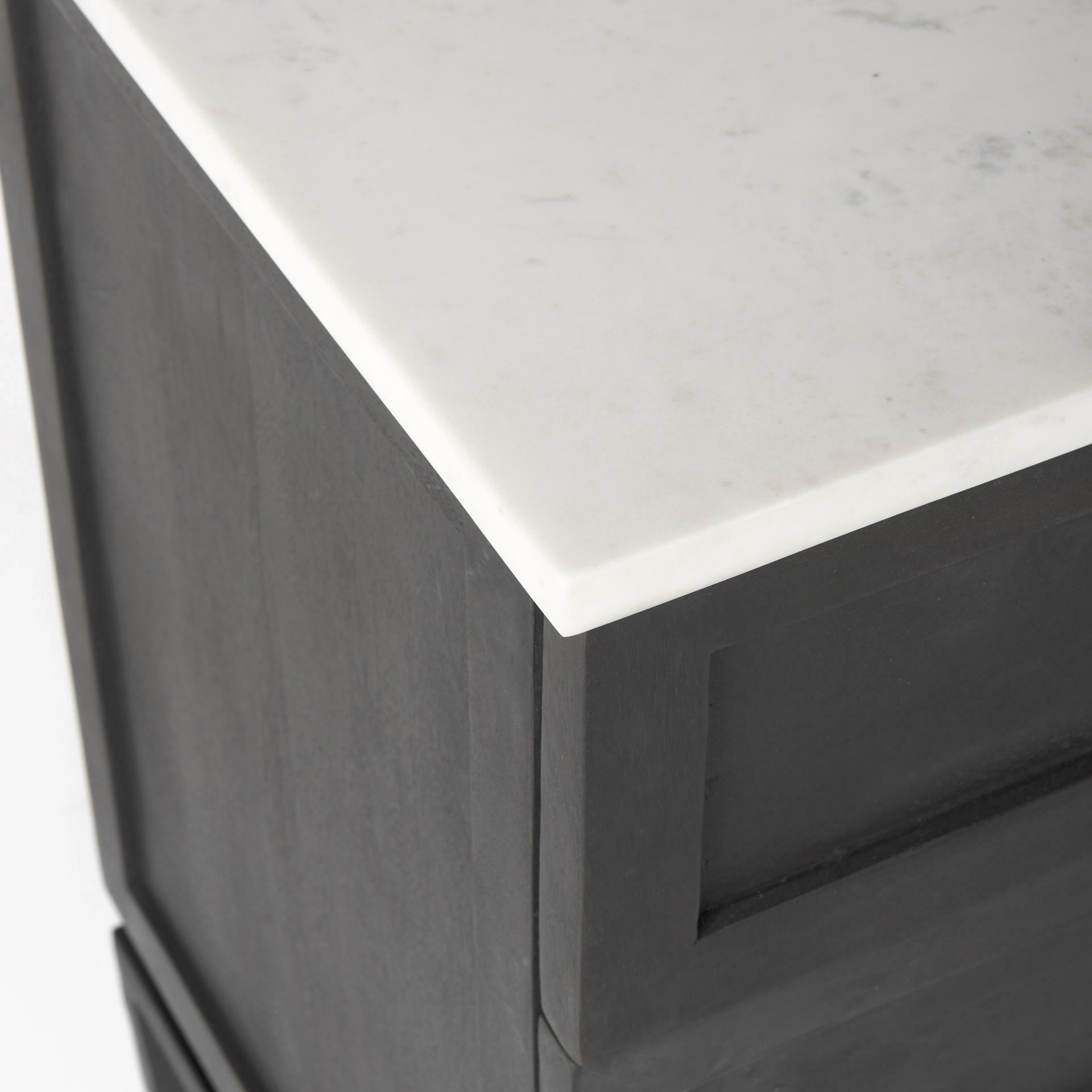 divina black-brown wood w/ white marble top and black metal base accent cabinet