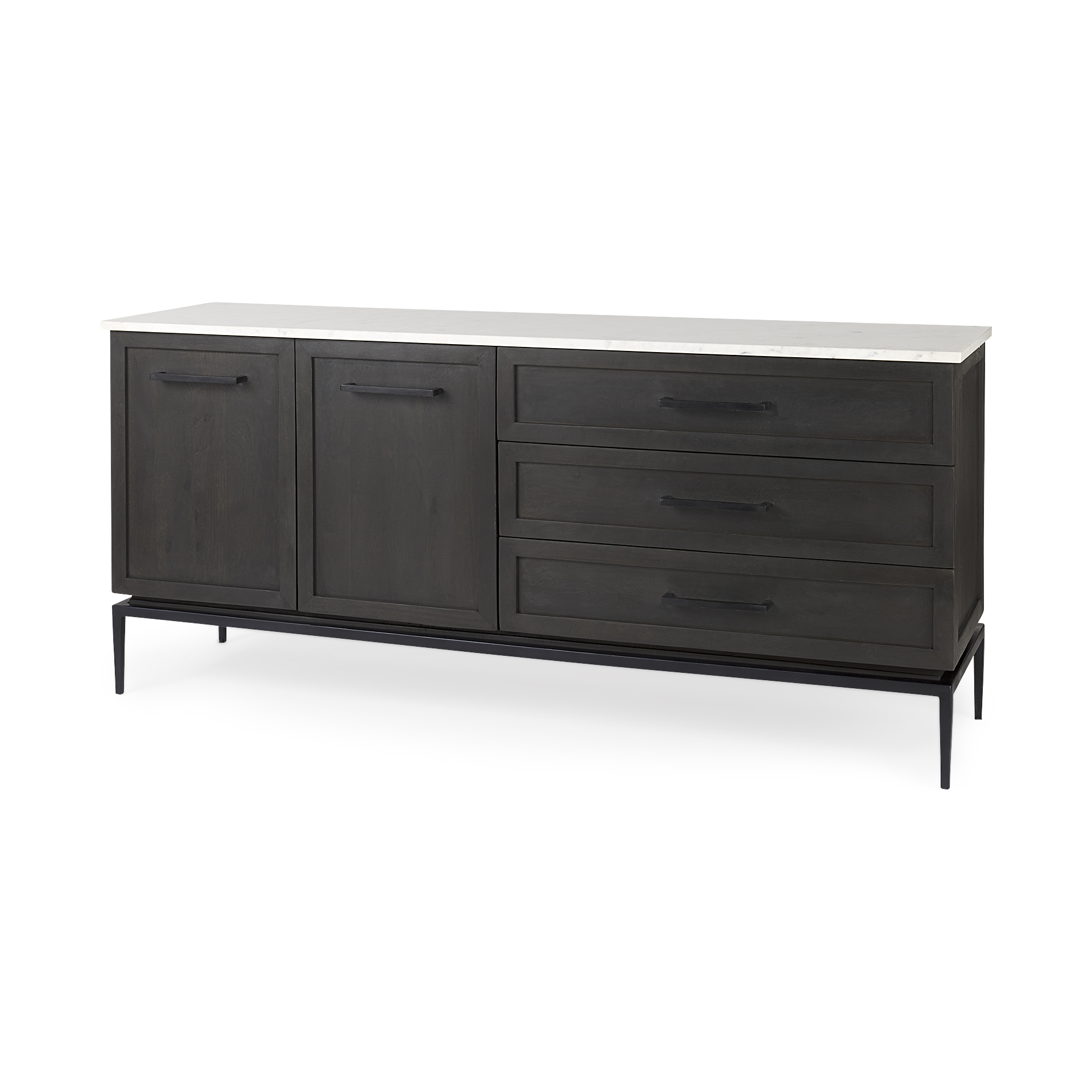 divina black-brown wood w/ white marble top and black metal base sideboard