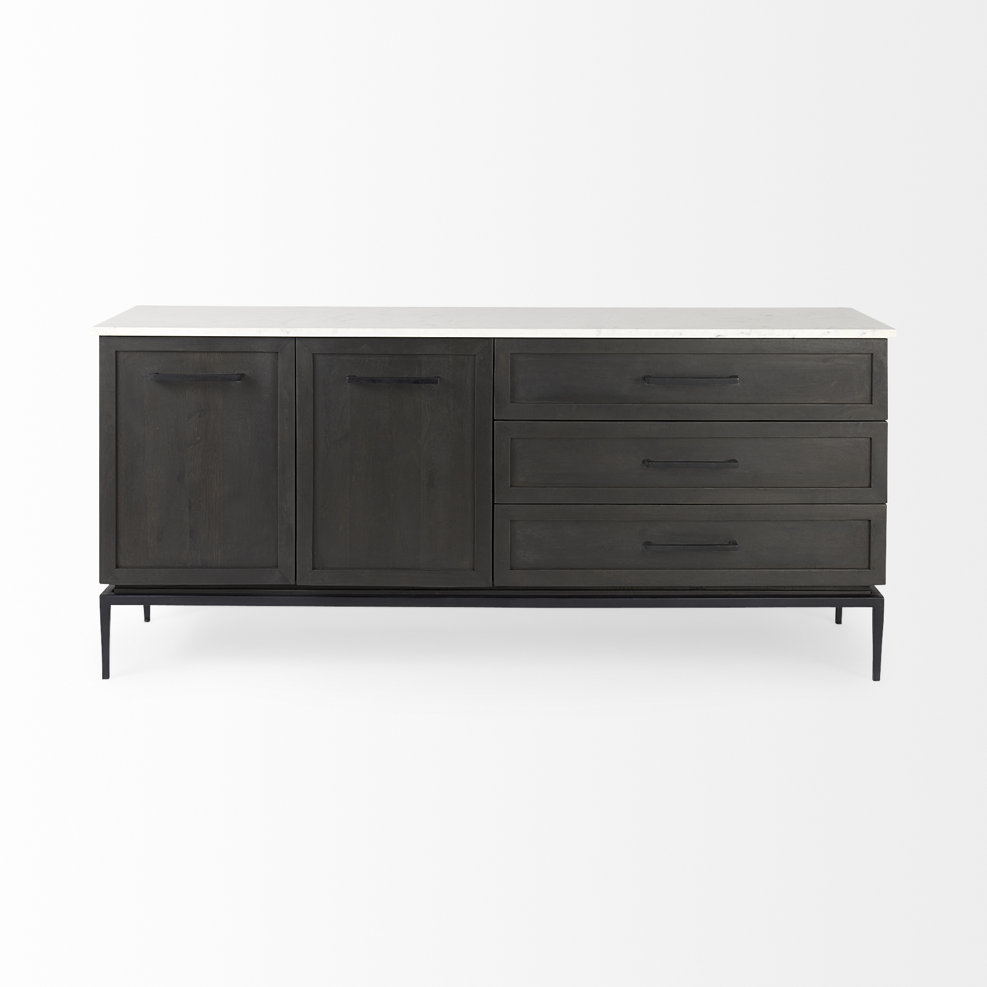 divina black-brown wood w/ white marble top and black metal base sideboard