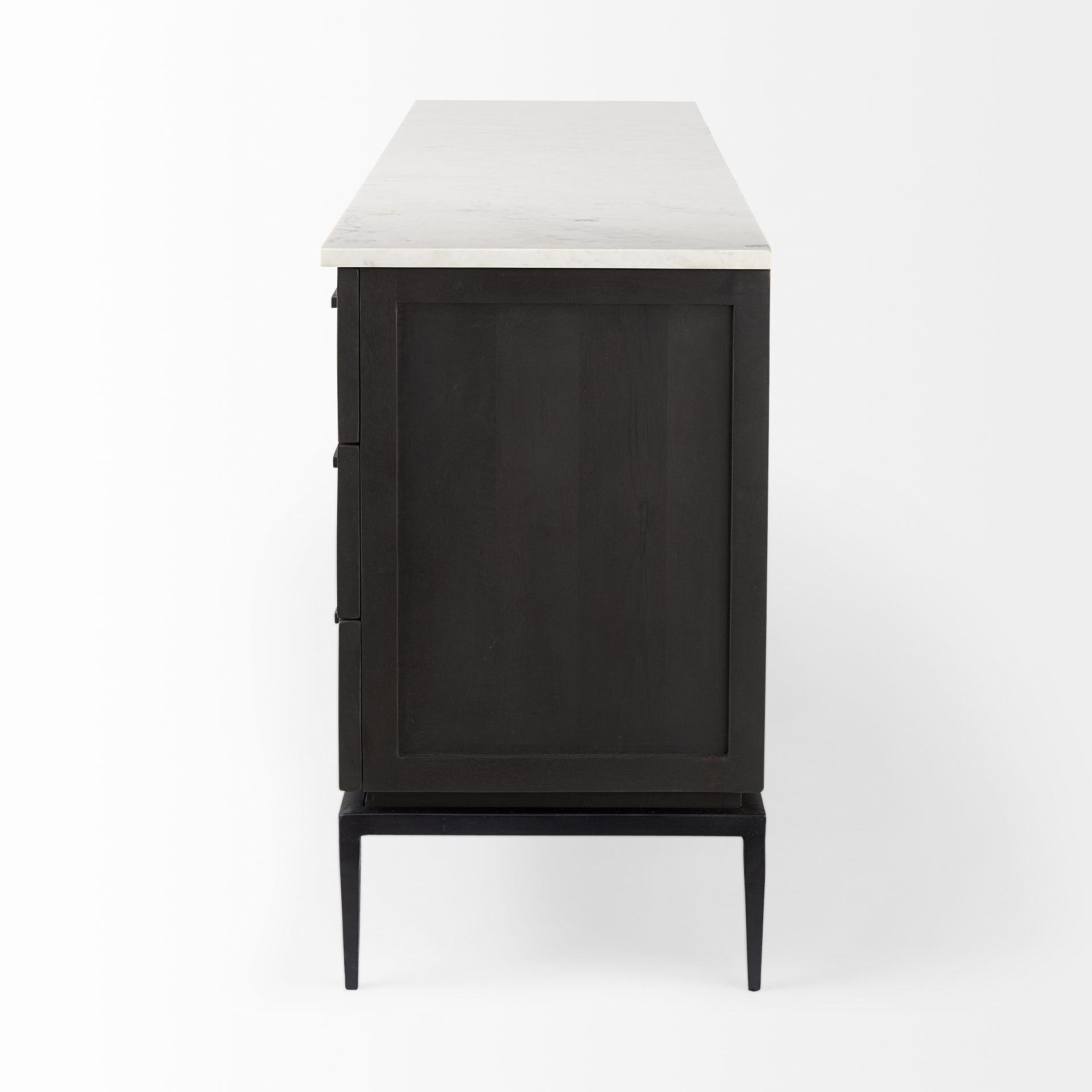 divina black-brown wood w/ white marble top and black metal base sideboard