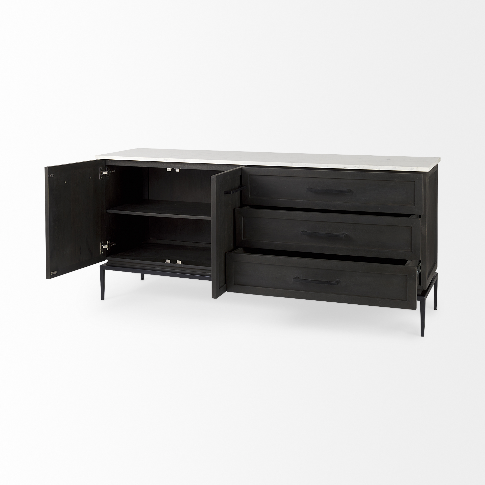 divina black-brown wood w/ white marble top and black metal base sideboard