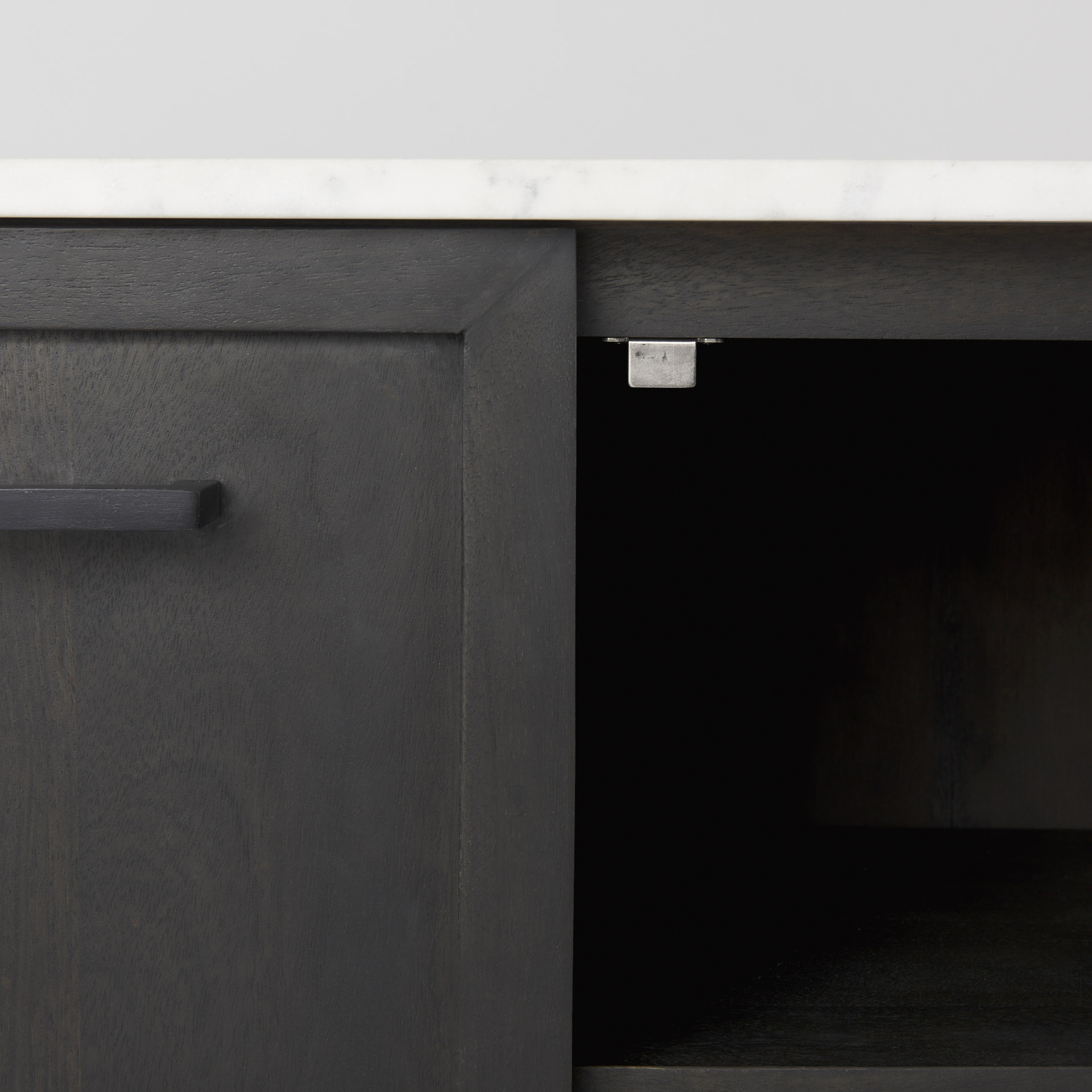 divina black-brown wood w/ white marble top and black metal base sideboard