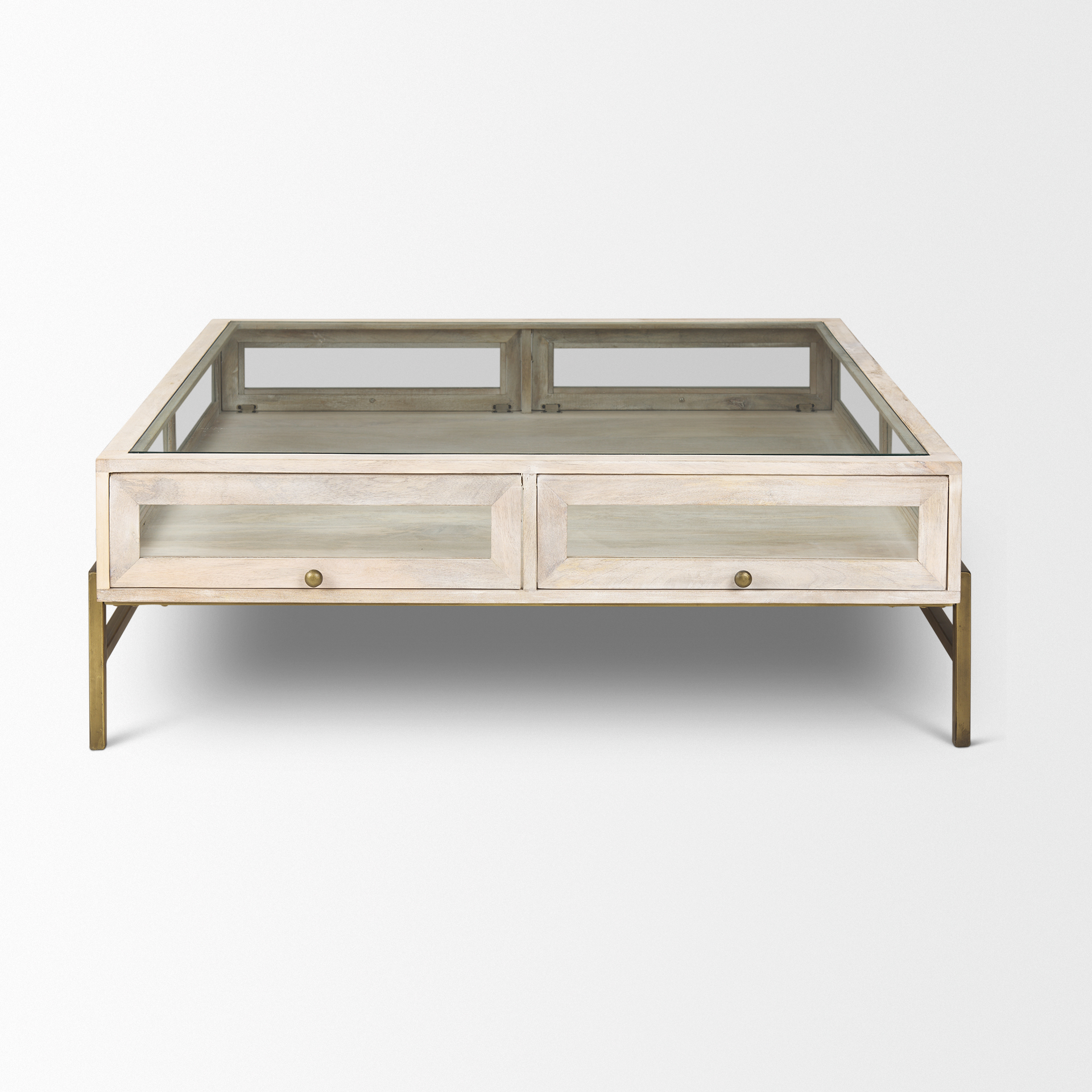 arelius 42l x 42w x 15h white wood w/ gold metal base square display coffee table