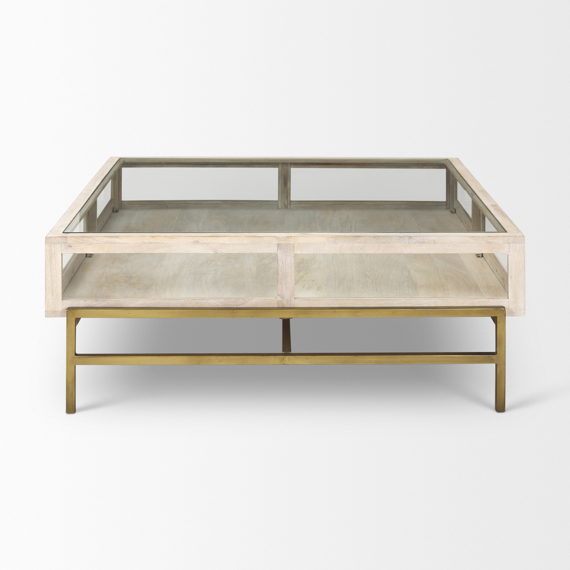 arelius 42l x 42w x 15h white wood w/ gold metal base square display coffee table