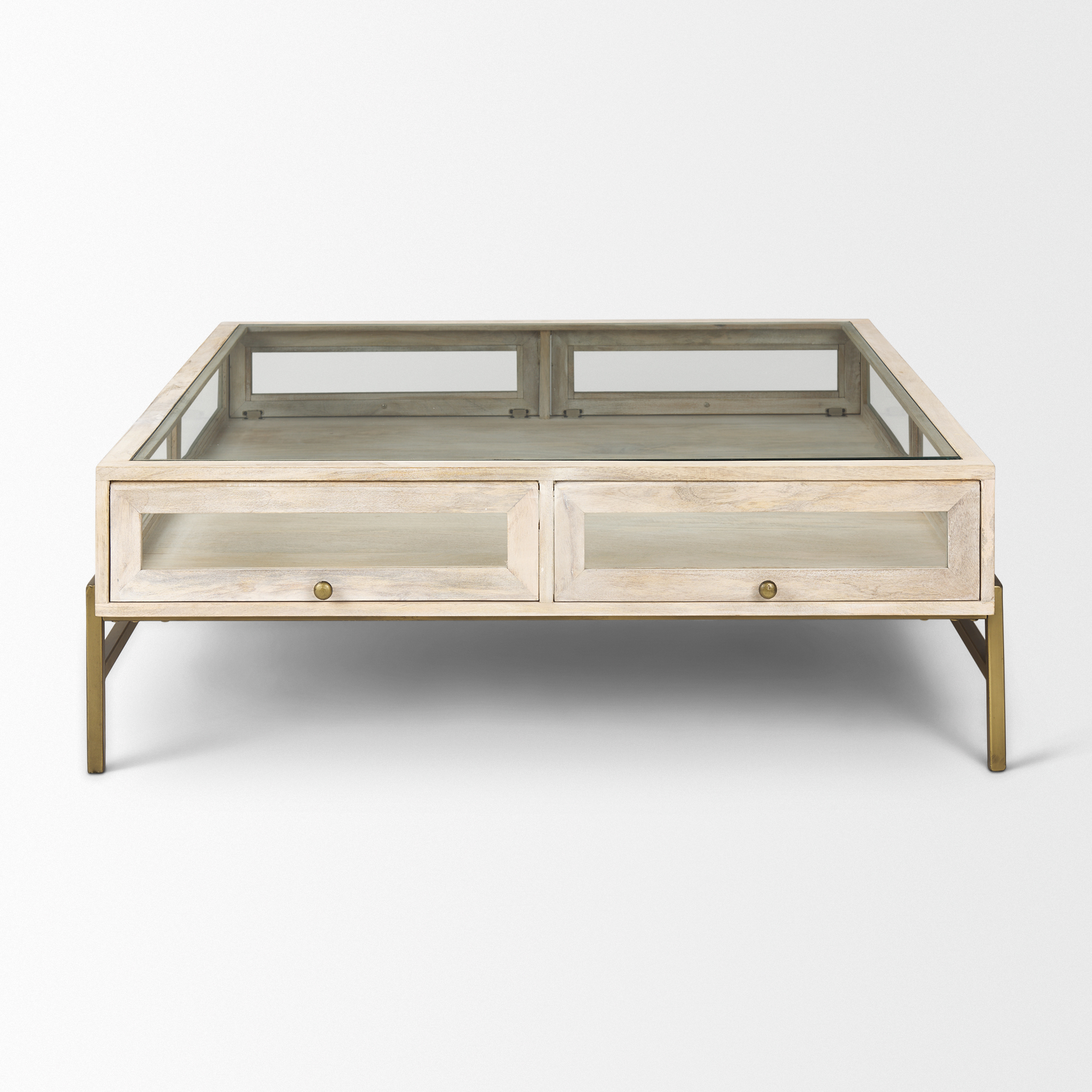 arelius 42l x 42w x 15h white wood w/ gold metal base square display coffee table