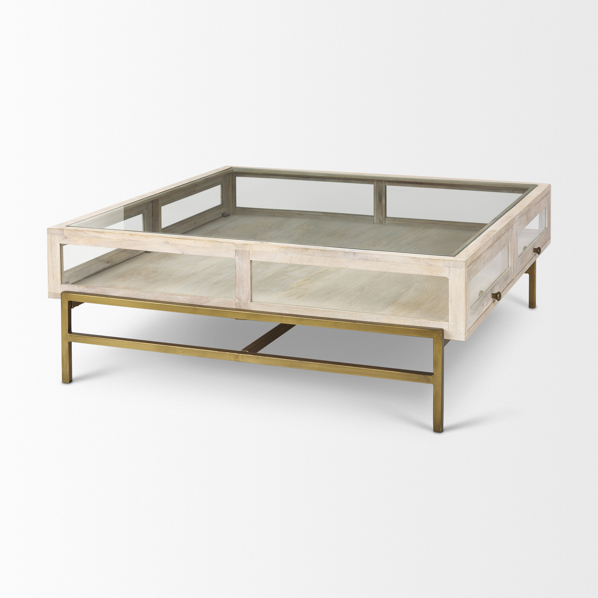 arelius 42l x 42w x 15h white wood w/ gold metal base square display coffee table