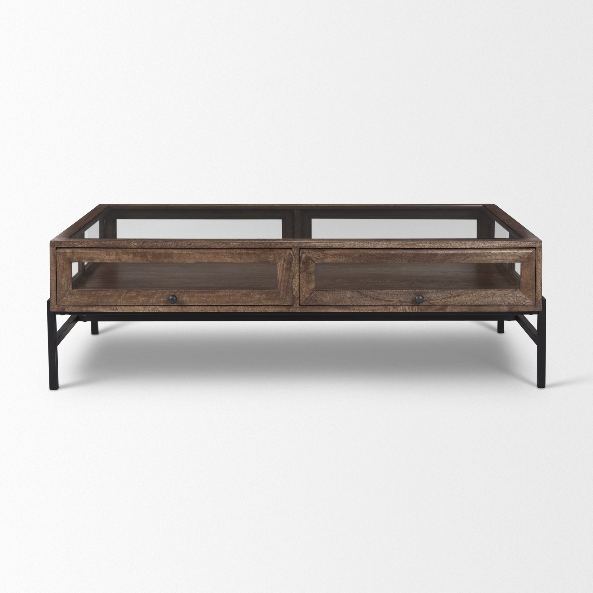 arelius rectangular glass-top medium brown wood w/ black metal base display coffee table