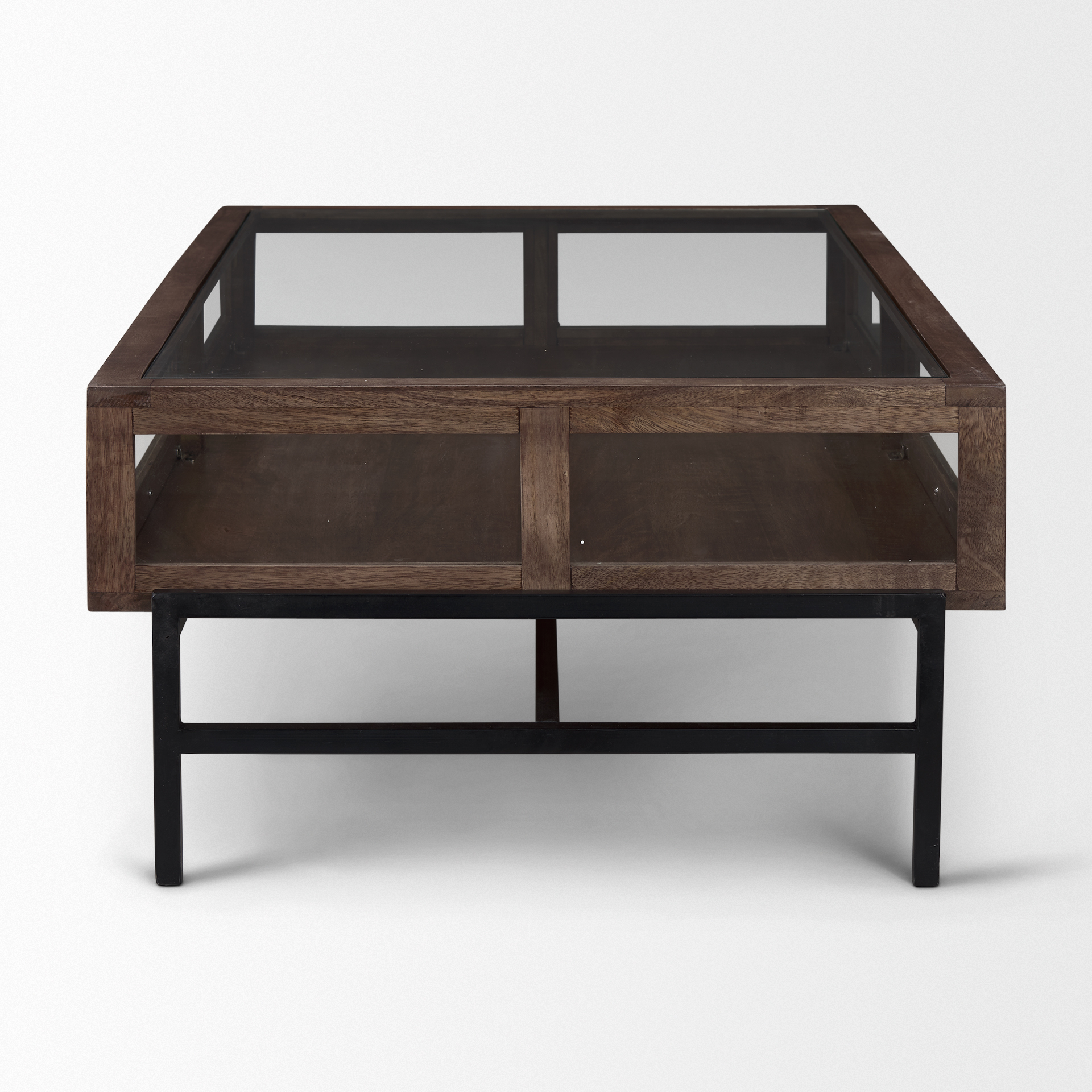 arelius rectangular glass-top medium brown wood w/ black metal base display coffee table