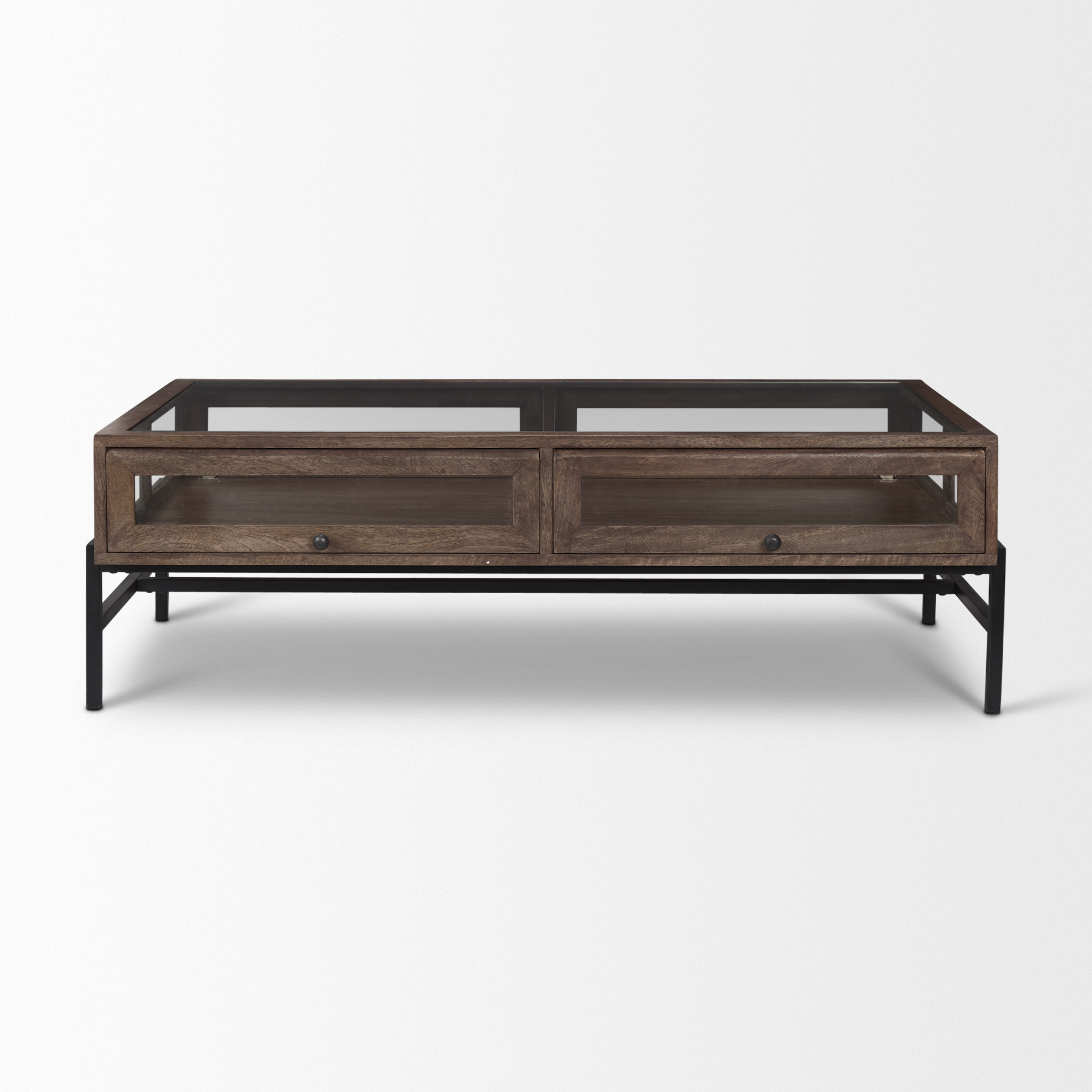arelius rectangular glass-top medium brown wood w/ black metal base display coffee table
