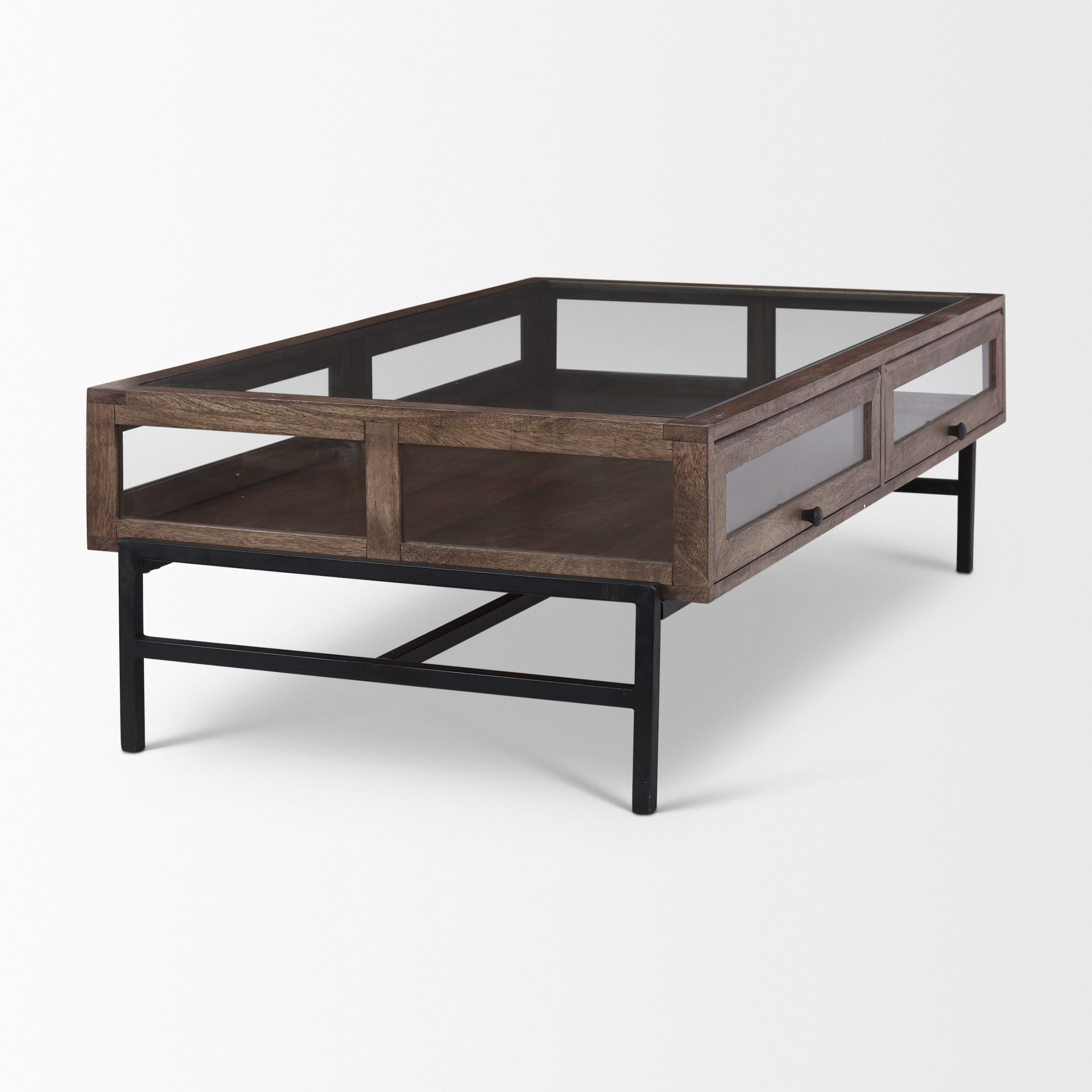arelius rectangular glass-top medium brown wood w/ black metal base display coffee table