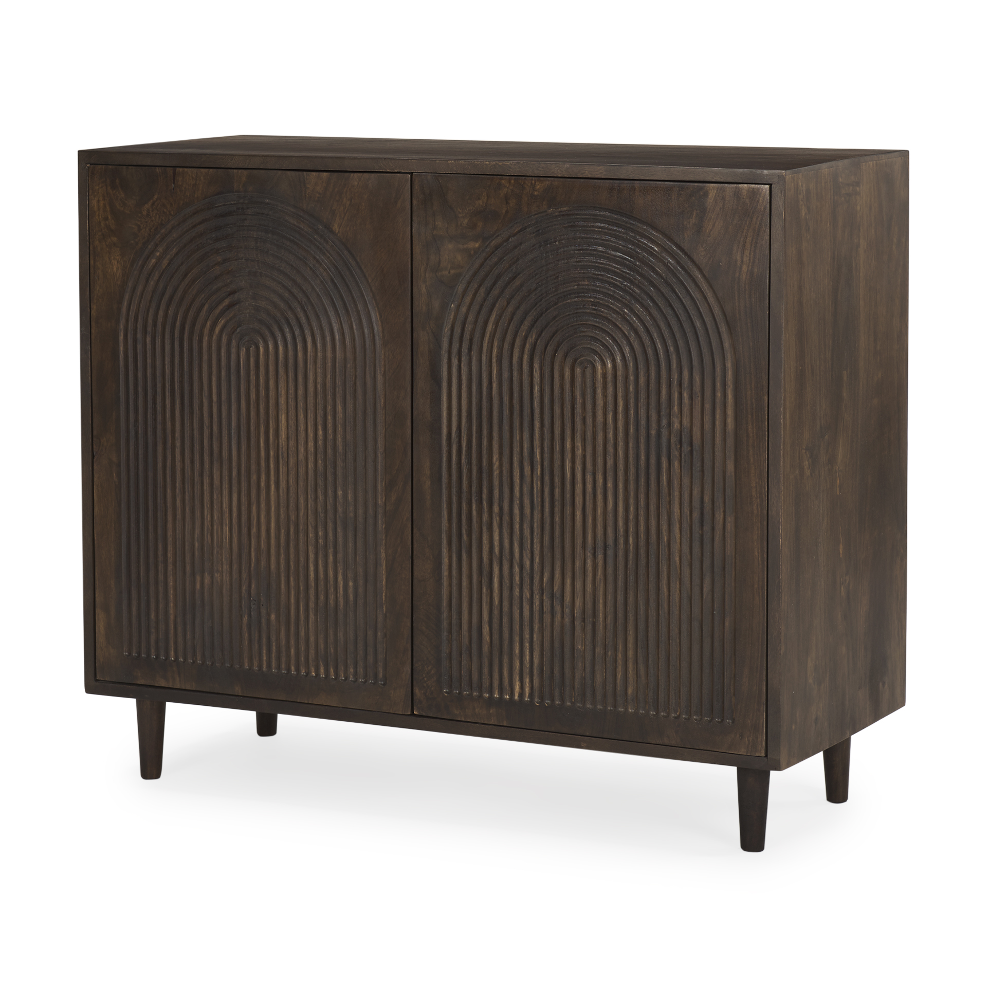 tucker dark brown wood w/ carved arch pattern 2 door cabinet