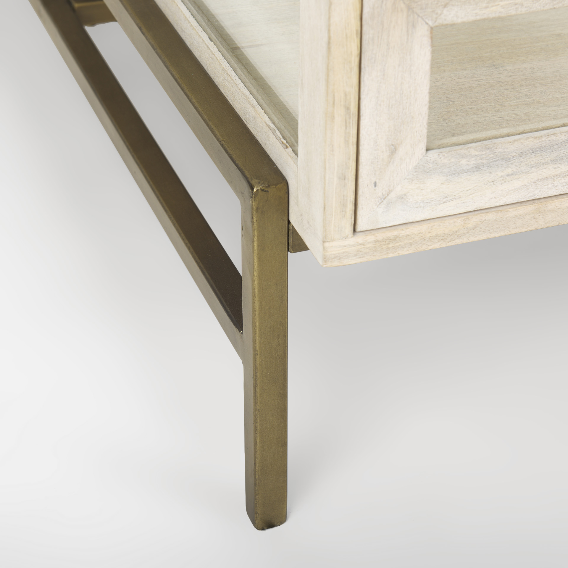 arelius 42l x 42w x 15h white wood w/ gold metal base square display coffee table