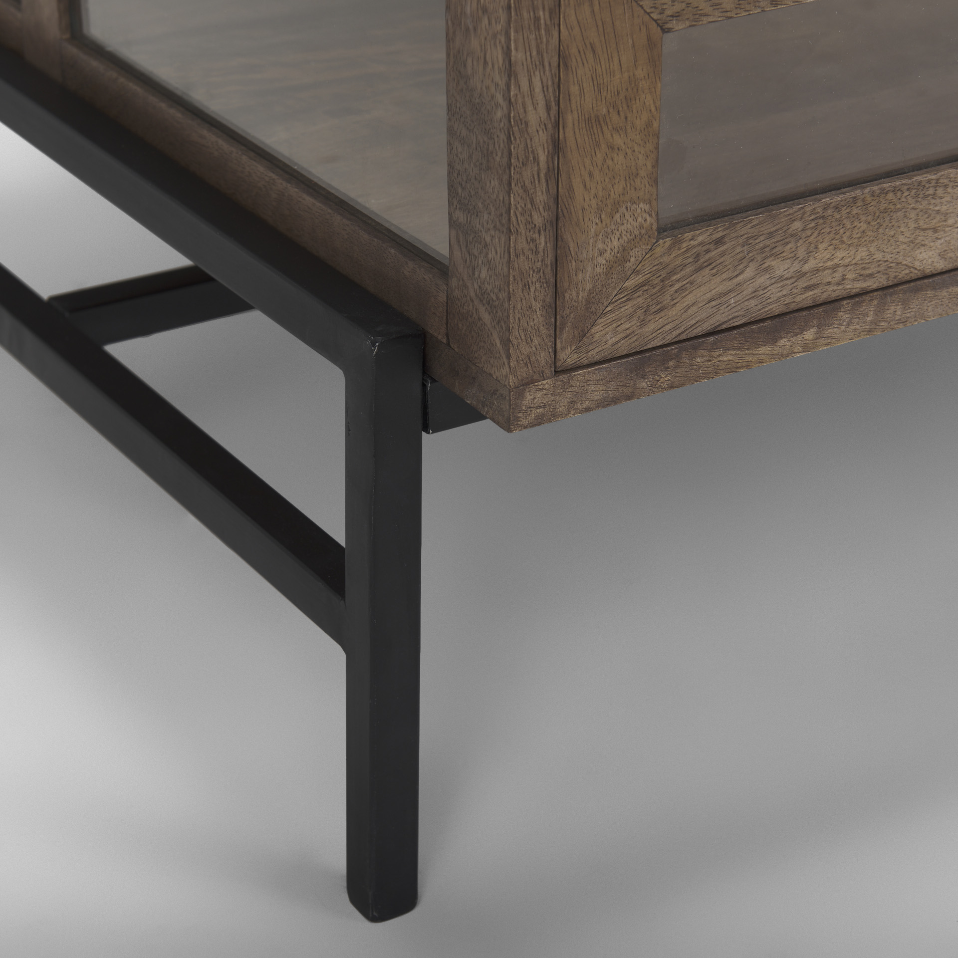 arelius rectangular glass-top medium brown wood w/ black metal base display coffee table