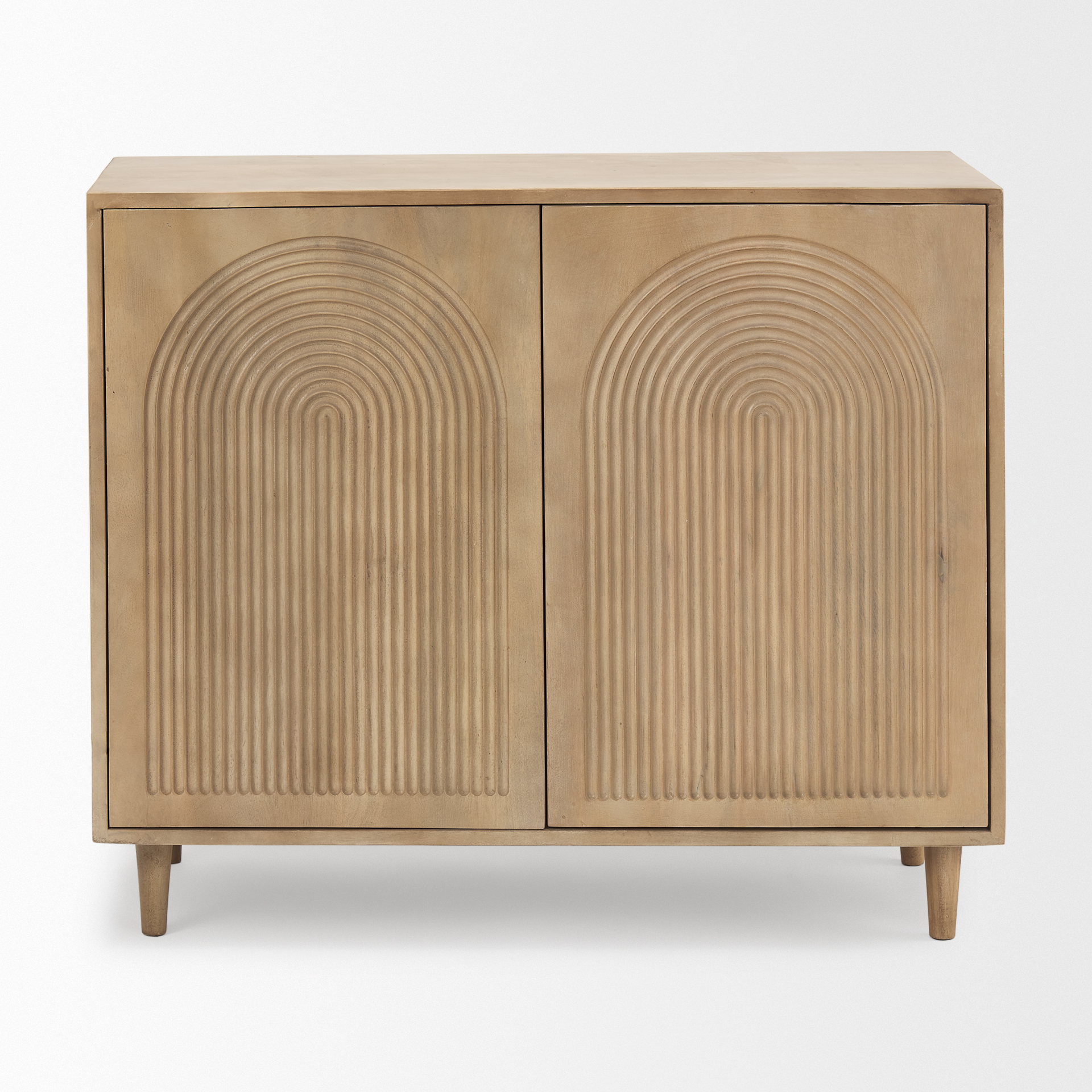 tucker light brown wood w/ carved arch pattern 2 door accent cabinet