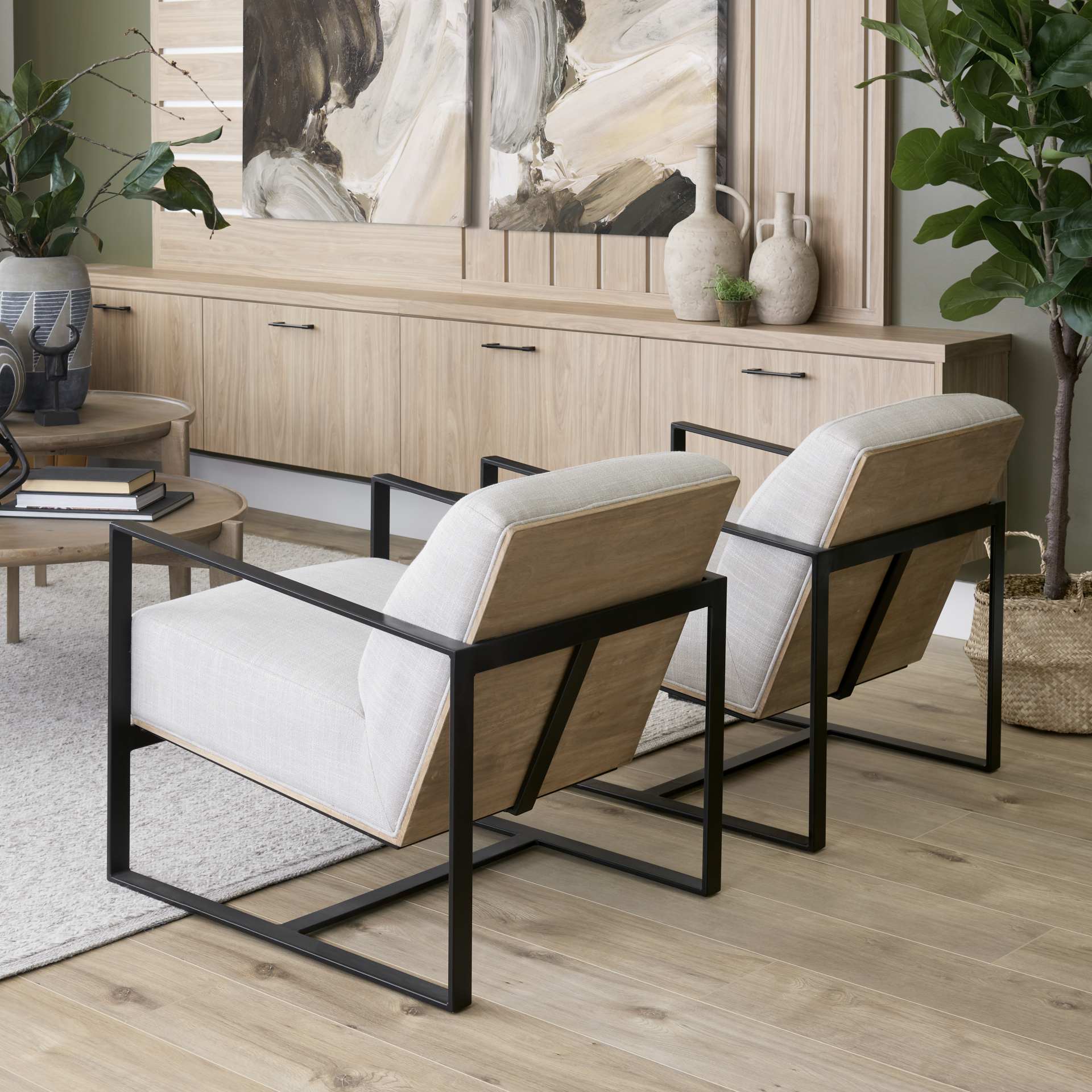 stamford light beige upholstered seat w/ wood back, metal frame accent chair