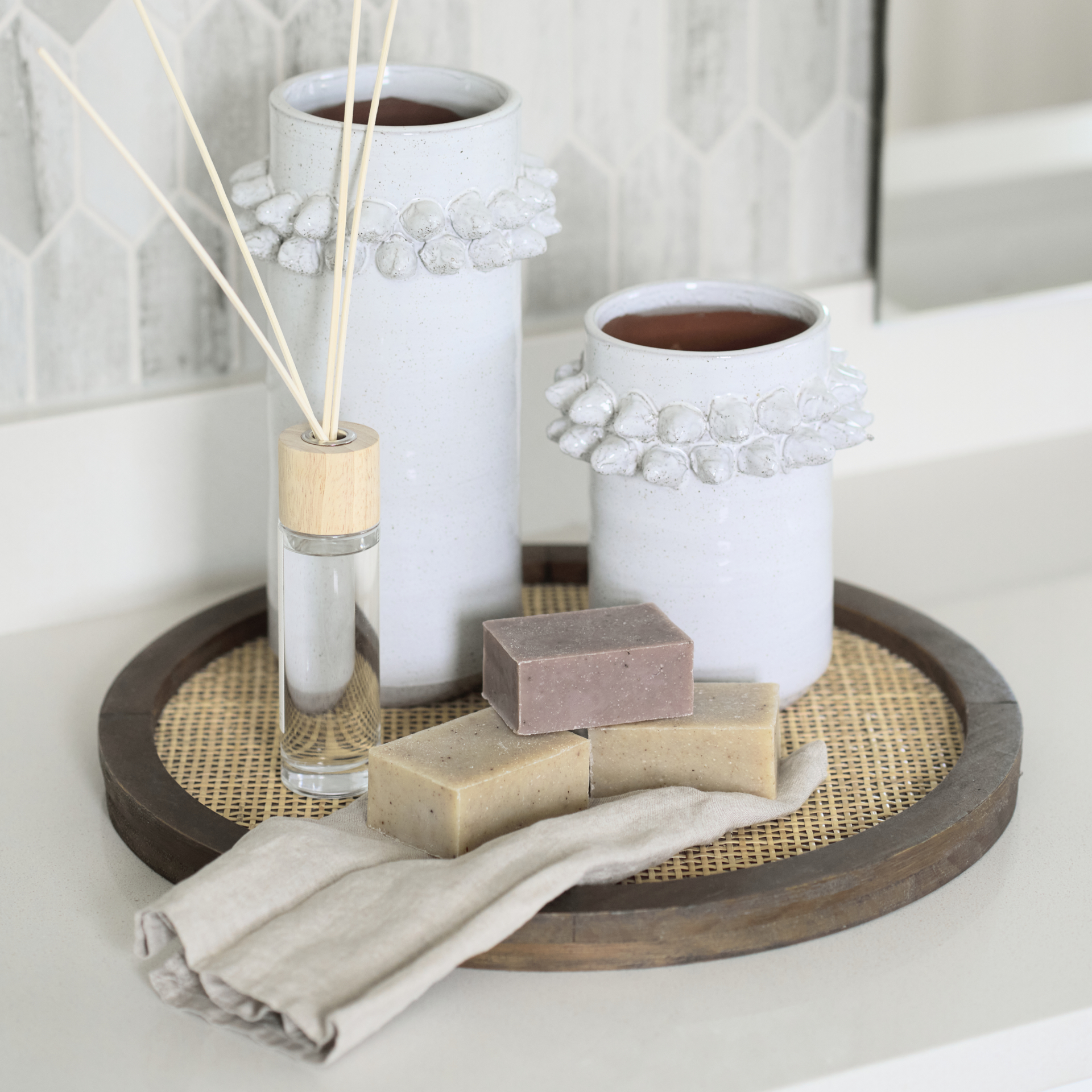 Silas Cane and Medium Brown Wood Round Tray