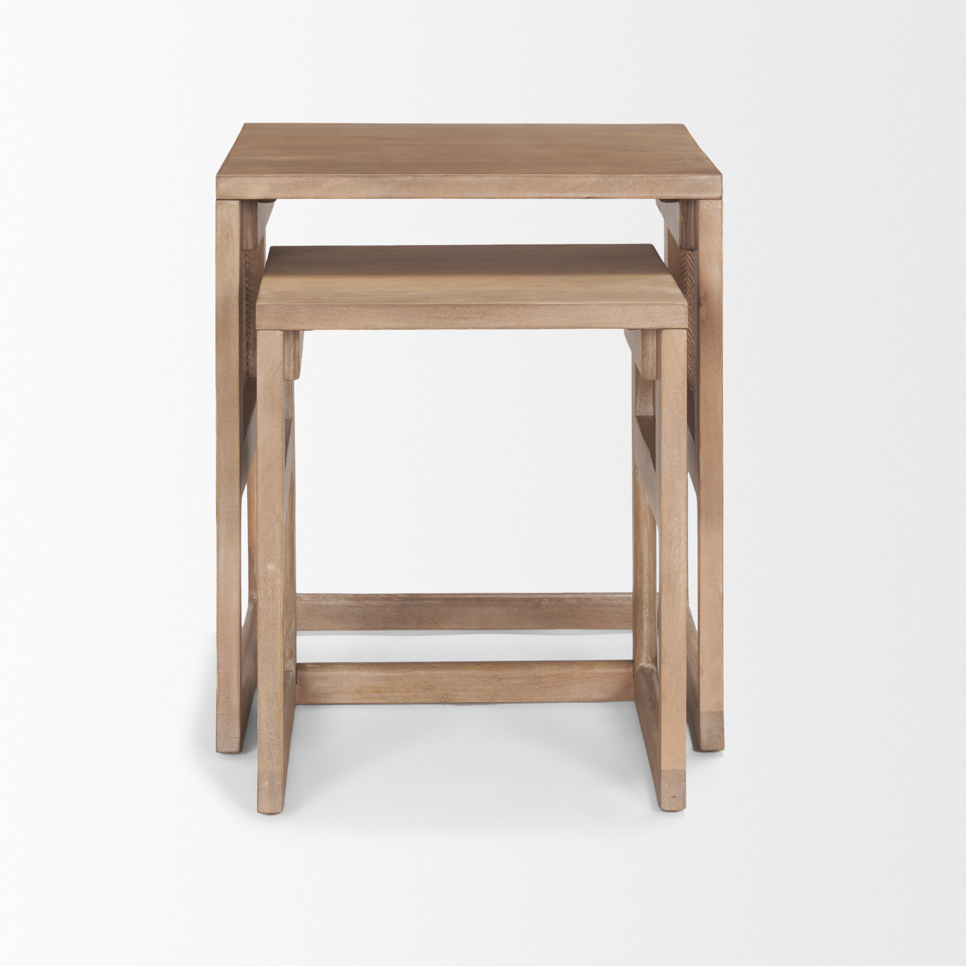 grier set of 2 light brown solid wood w/ cane nesting accent tables