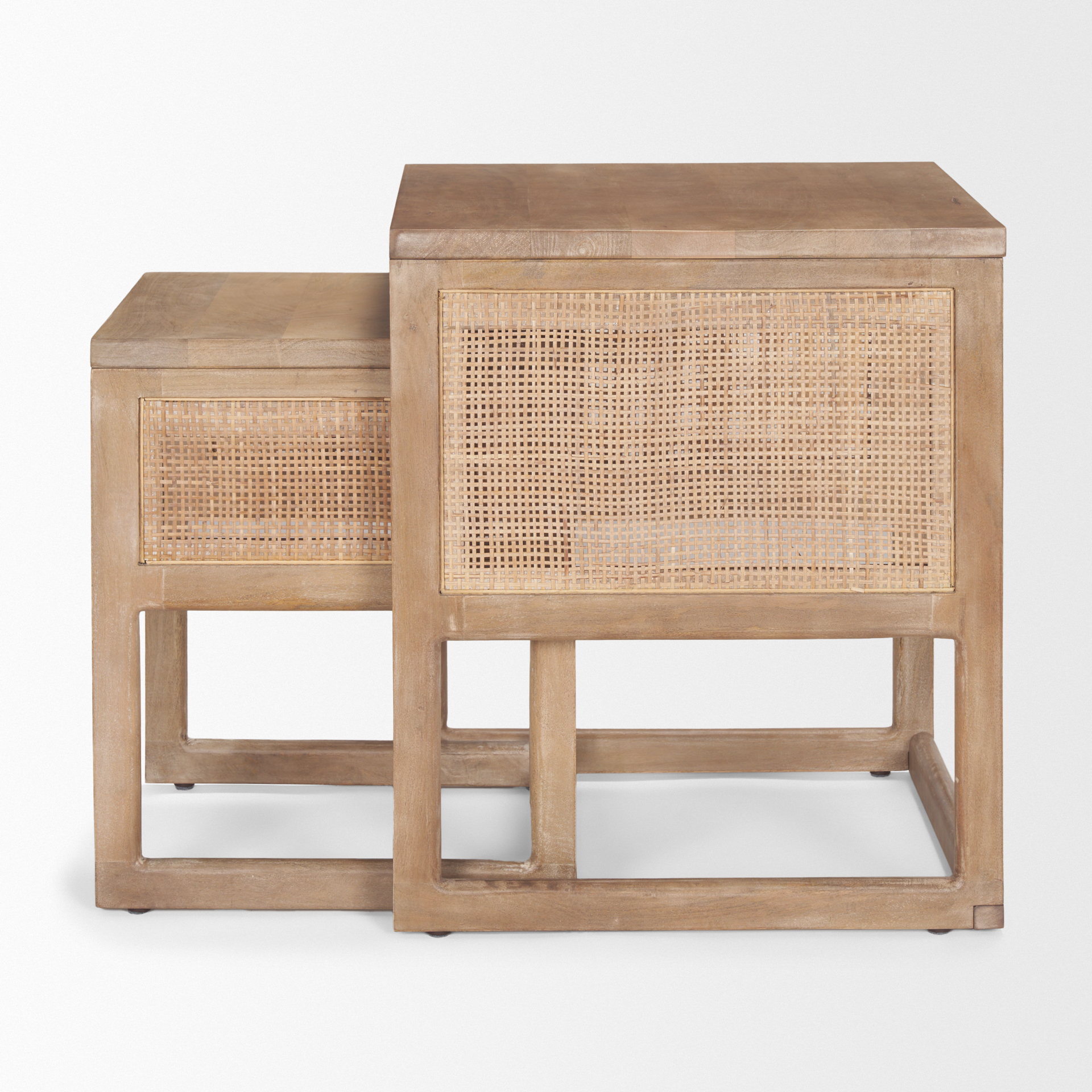 grier set of 2 light brown solid wood w/ cane nesting accent tables