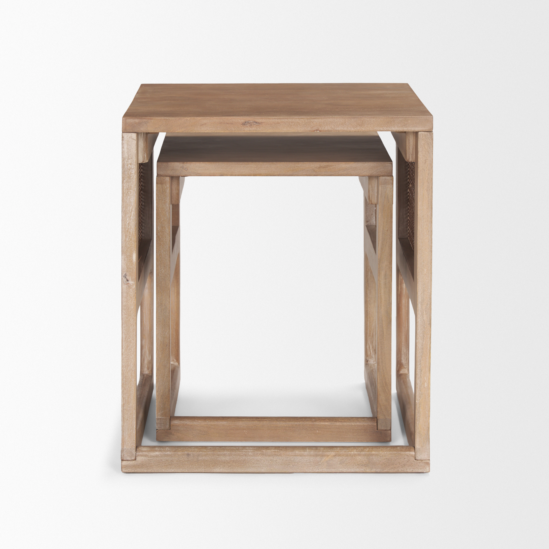 grier set of 2 light brown solid wood w/ cane nesting accent tables