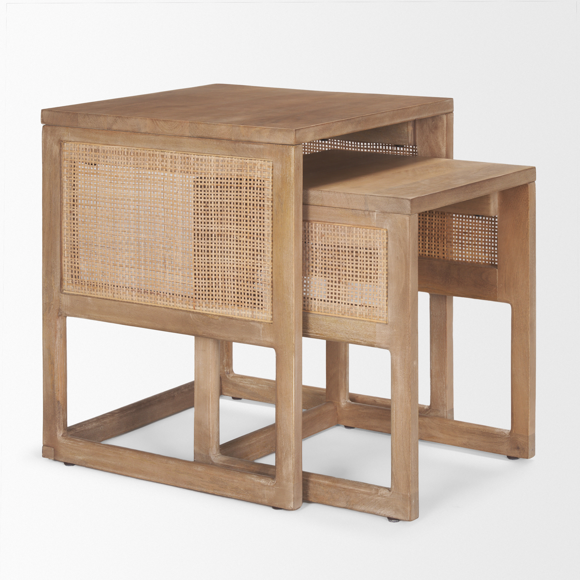 grier set of 2 light brown solid wood w/ cane nesting accent tables