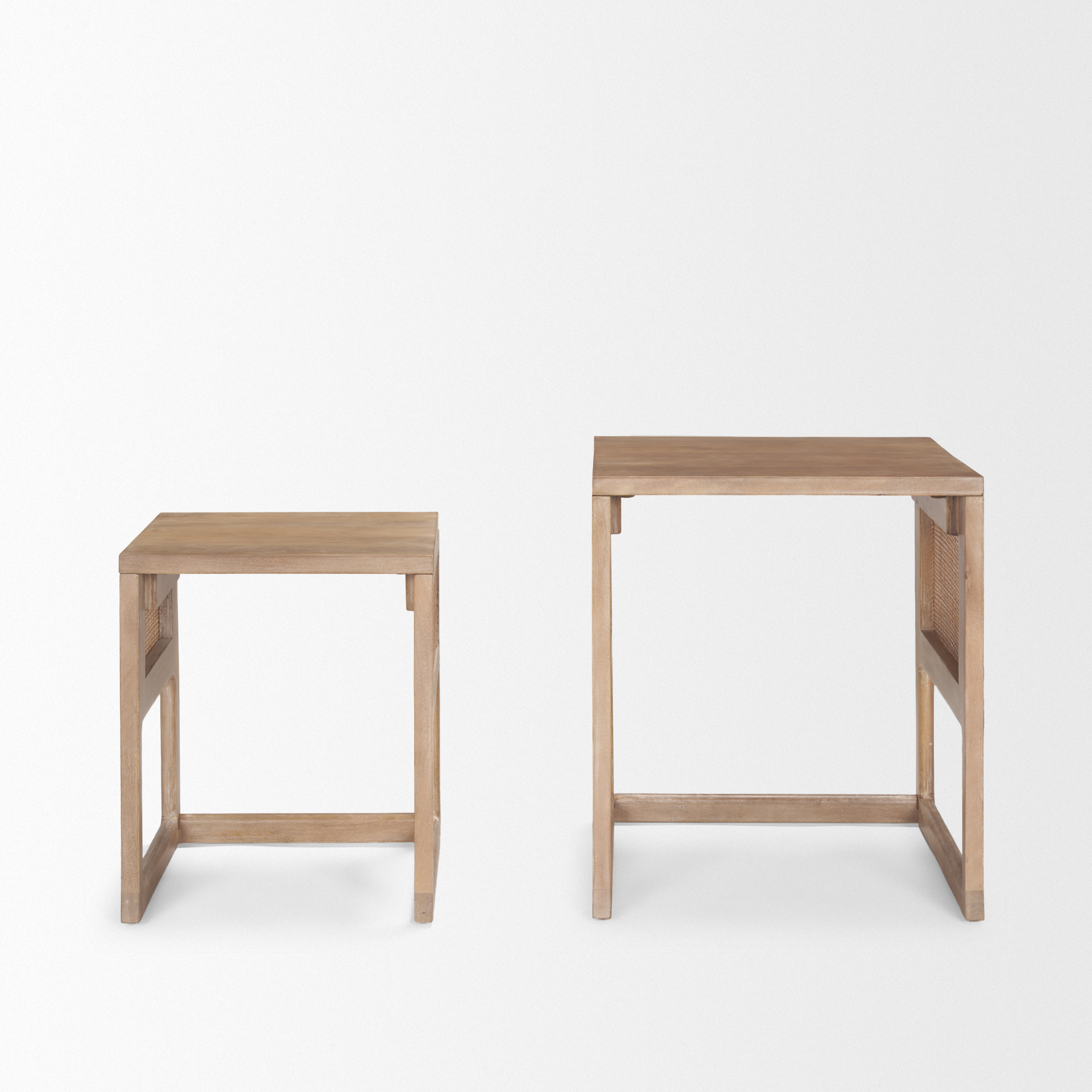 grier set of 2 light brown solid wood w/ cane nesting accent tables