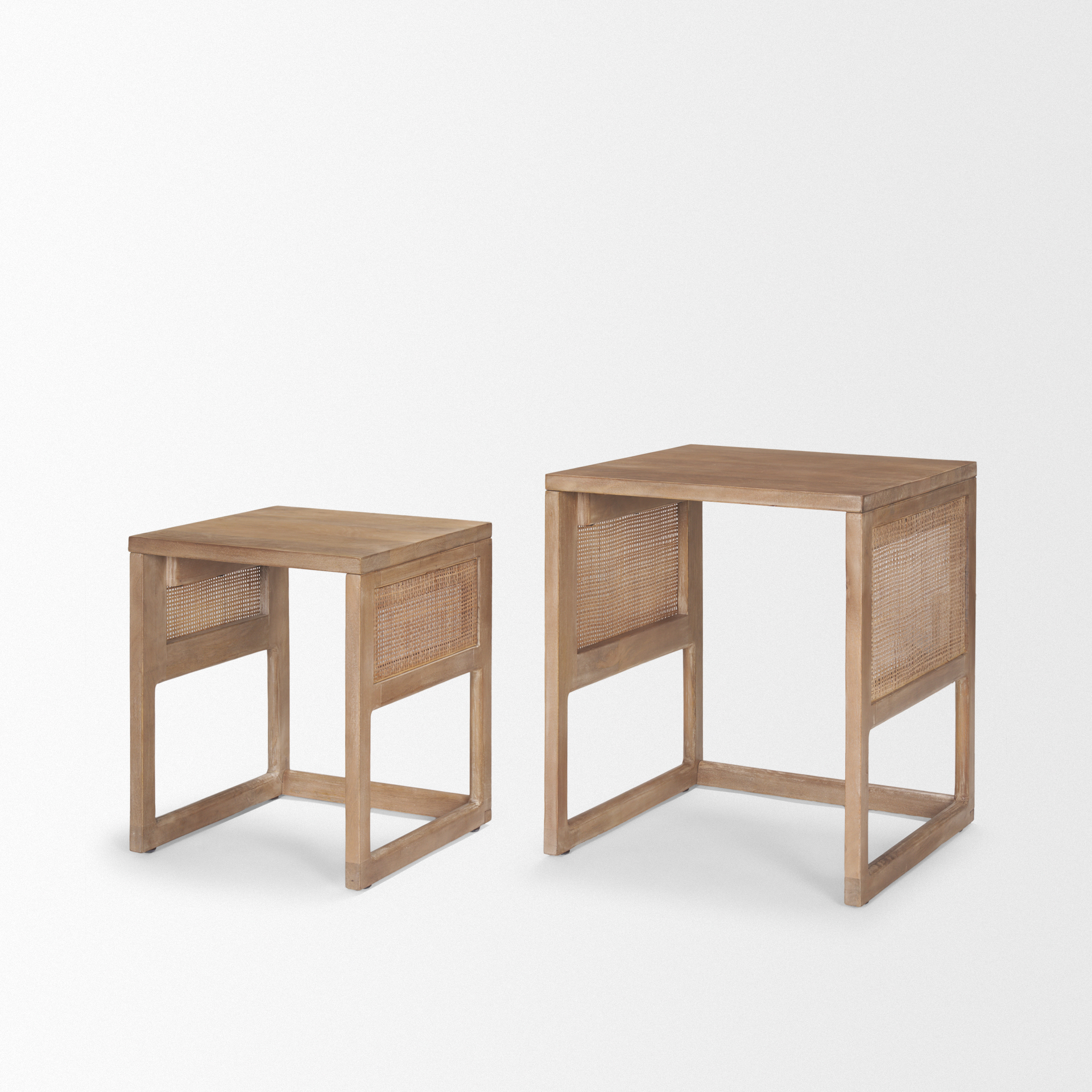 grier set of 2 light brown solid wood w/ cane nesting accent tables