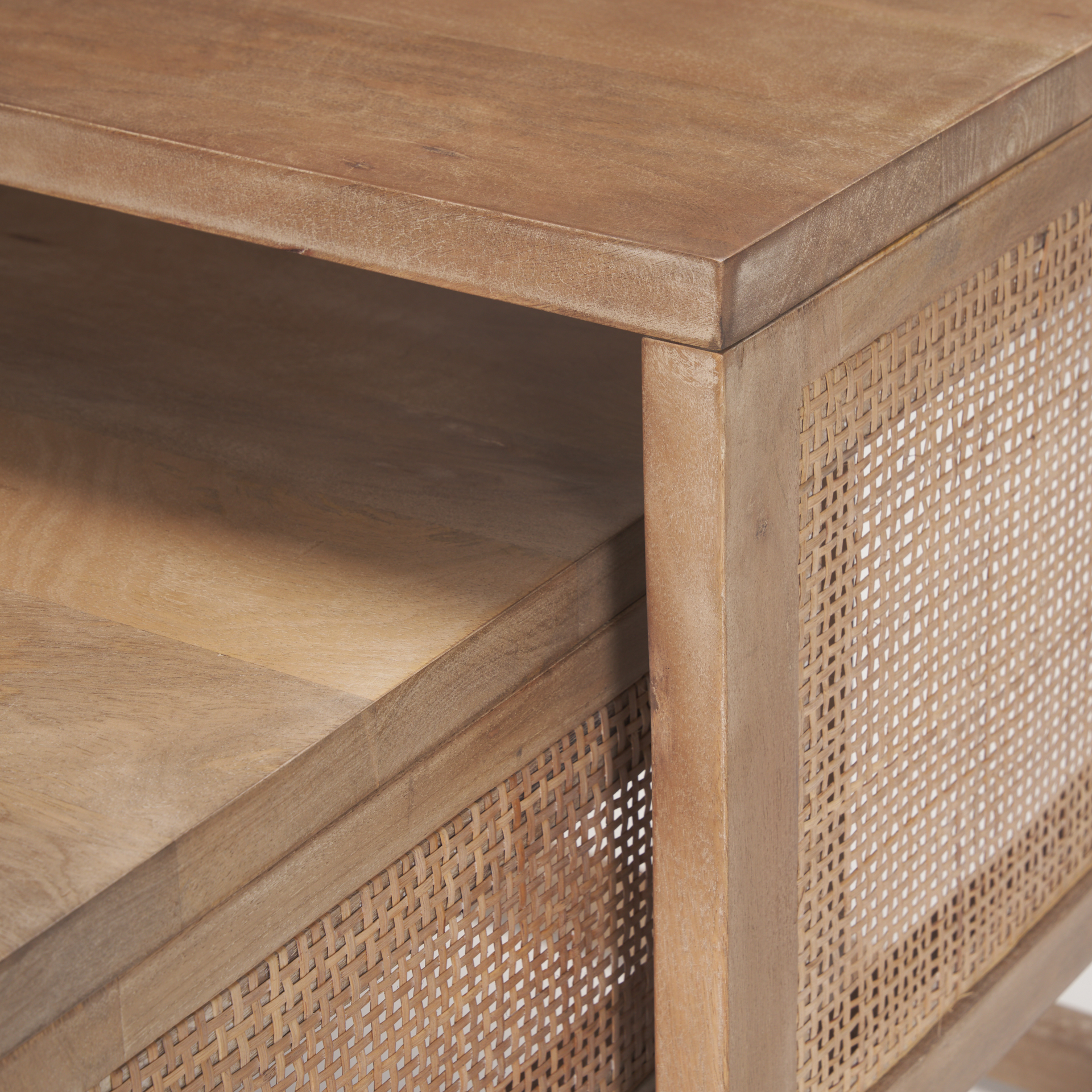 grier set of 2 light brown solid wood w/ cane nesting accent tables