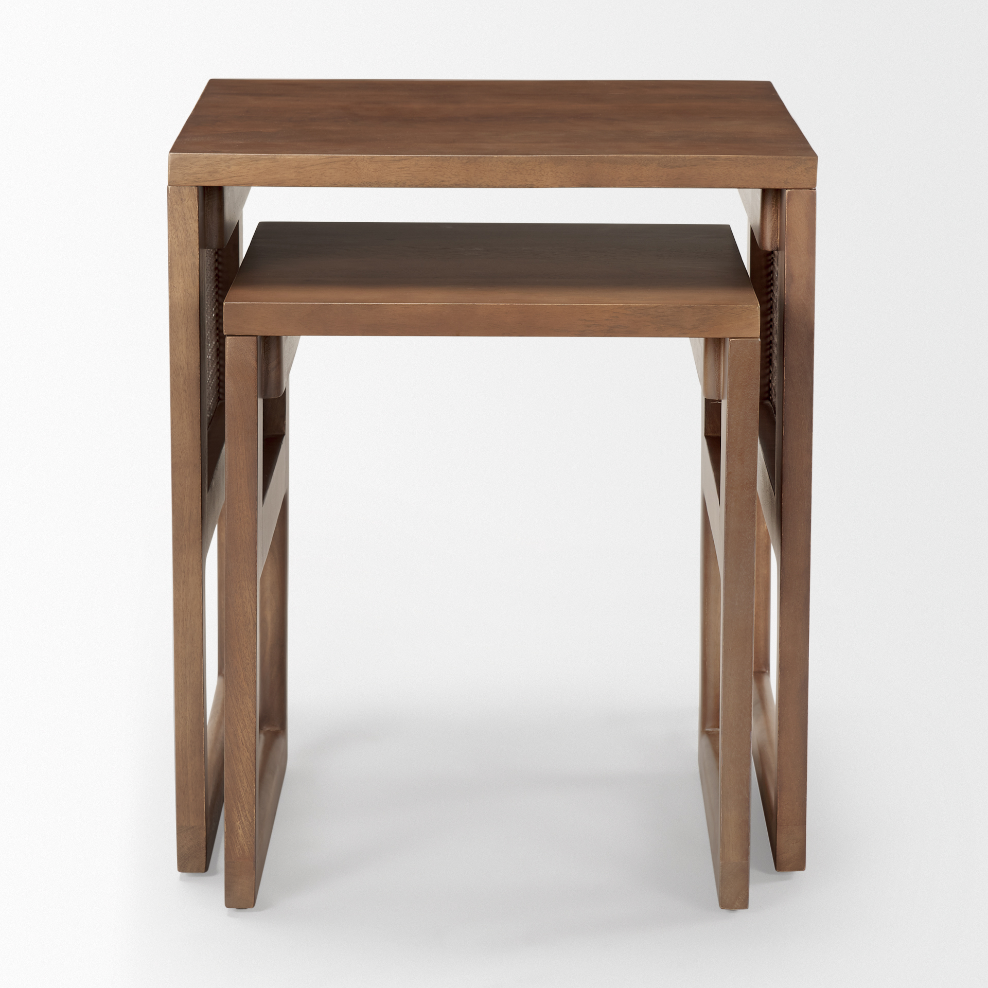 grier set of 2 medium brown solid wood w/ cane nesting accent tables