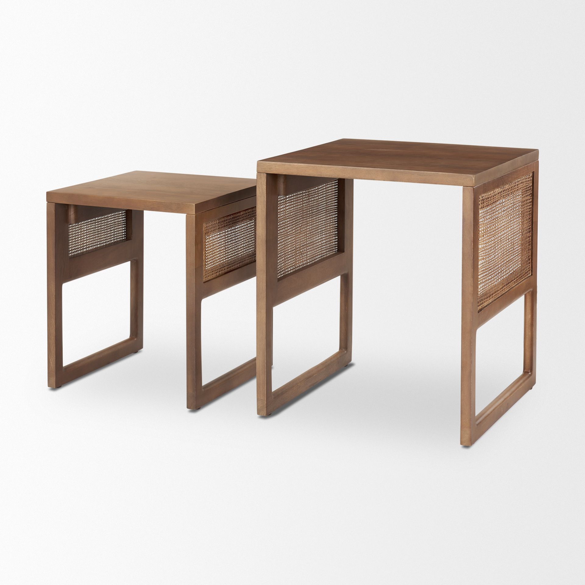 grier set of 2 medium brown solid wood w/ cane nesting accent tables
