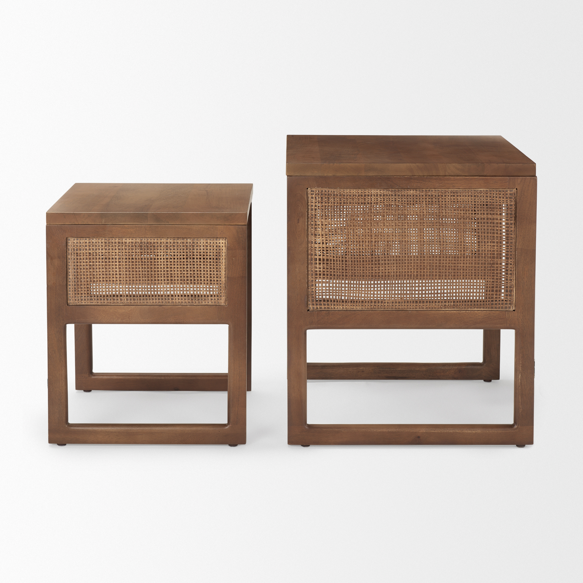 grier set of 2 medium brown solid wood w/ cane nesting accent tables