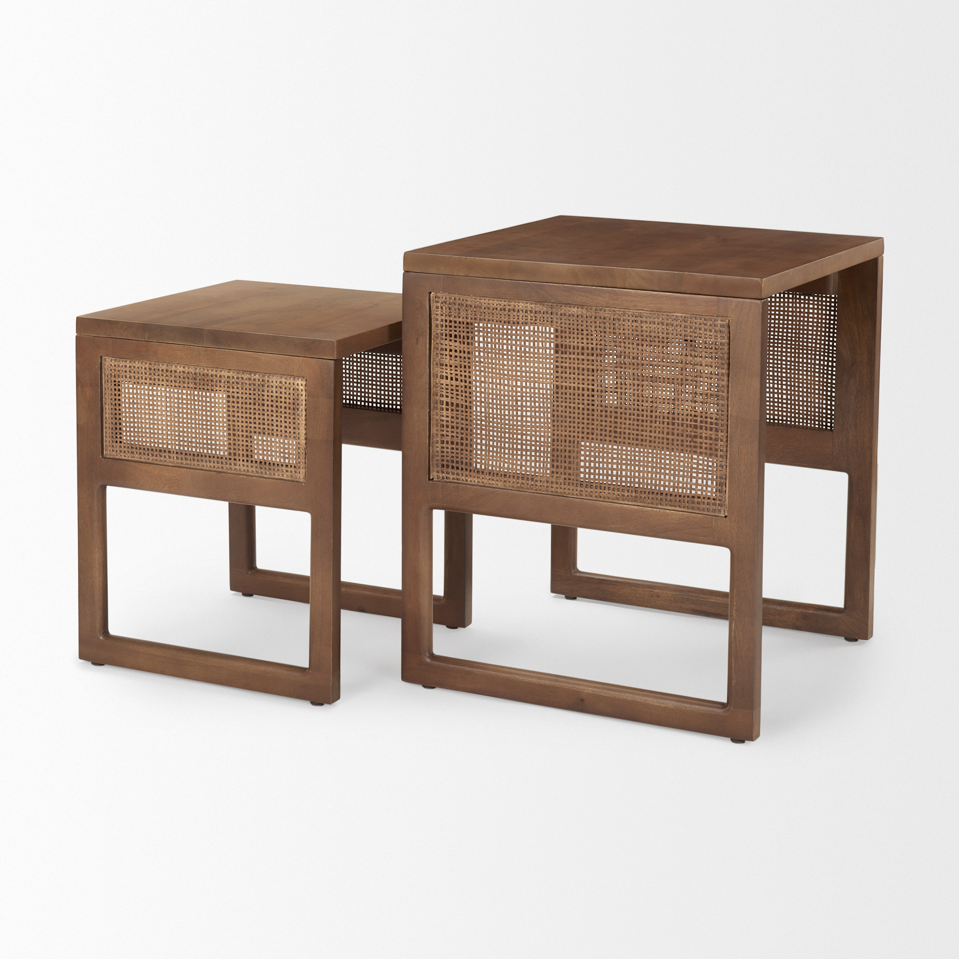 grier set of 2 medium brown solid wood w/ cane nesting accent tables