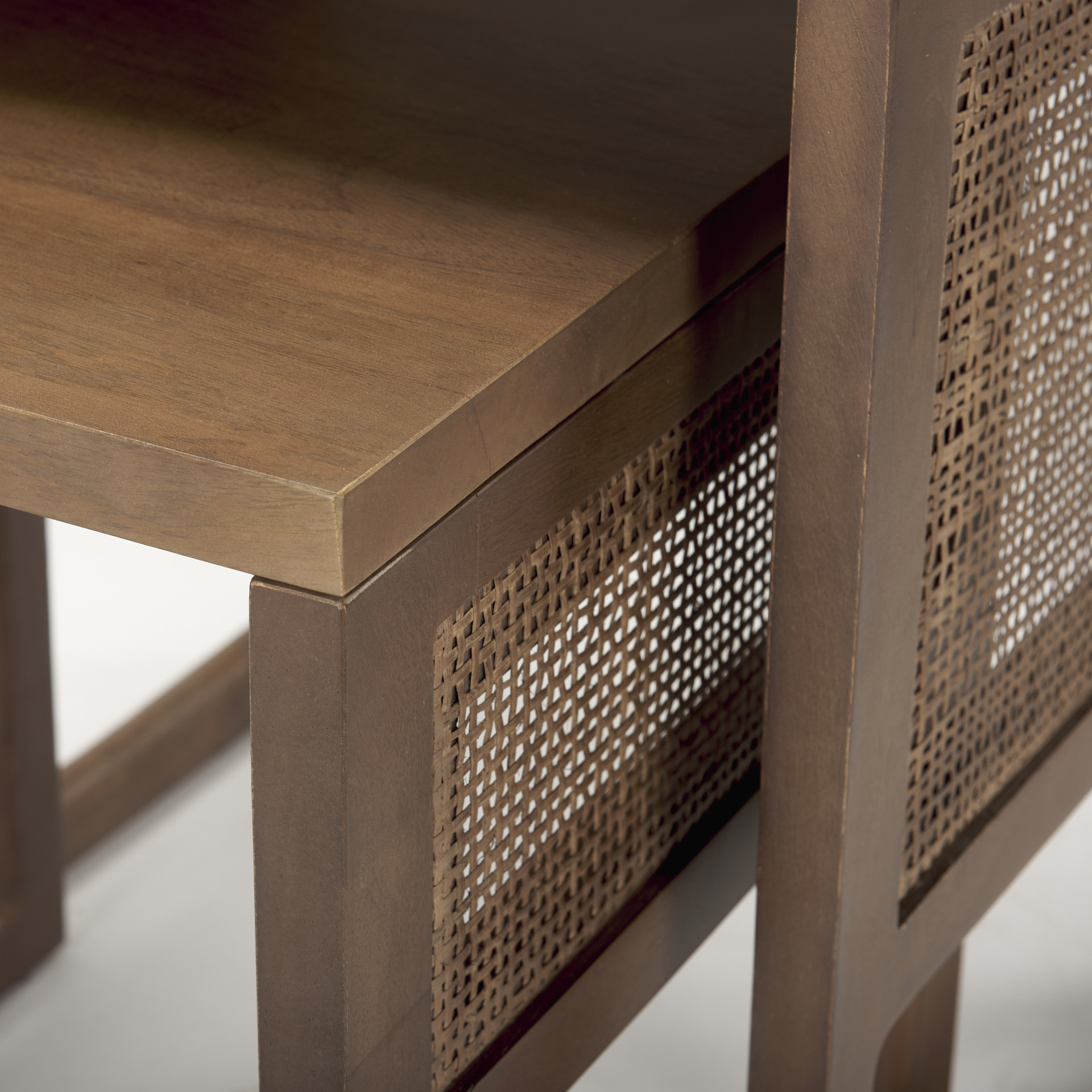 grier set of 2 medium brown solid wood w/ cane nesting accent tables