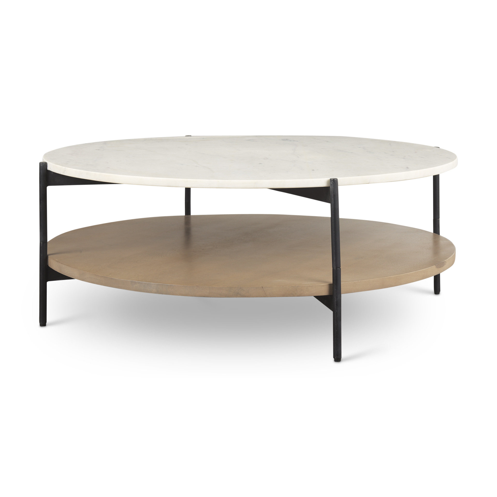 larkin marble top w/ brown wood shelf round coffee table