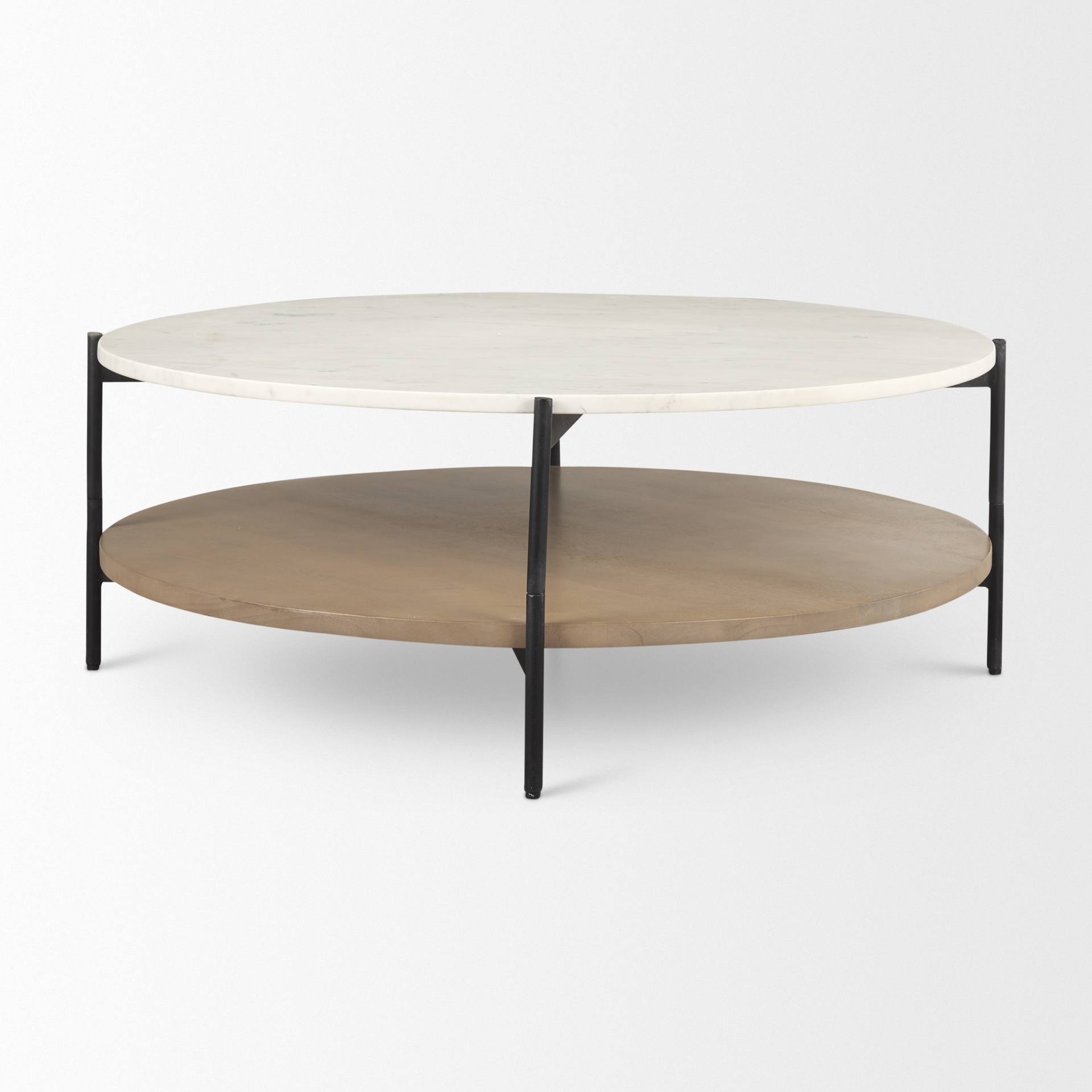 larkin marble top w/ brown wood shelf round coffee table